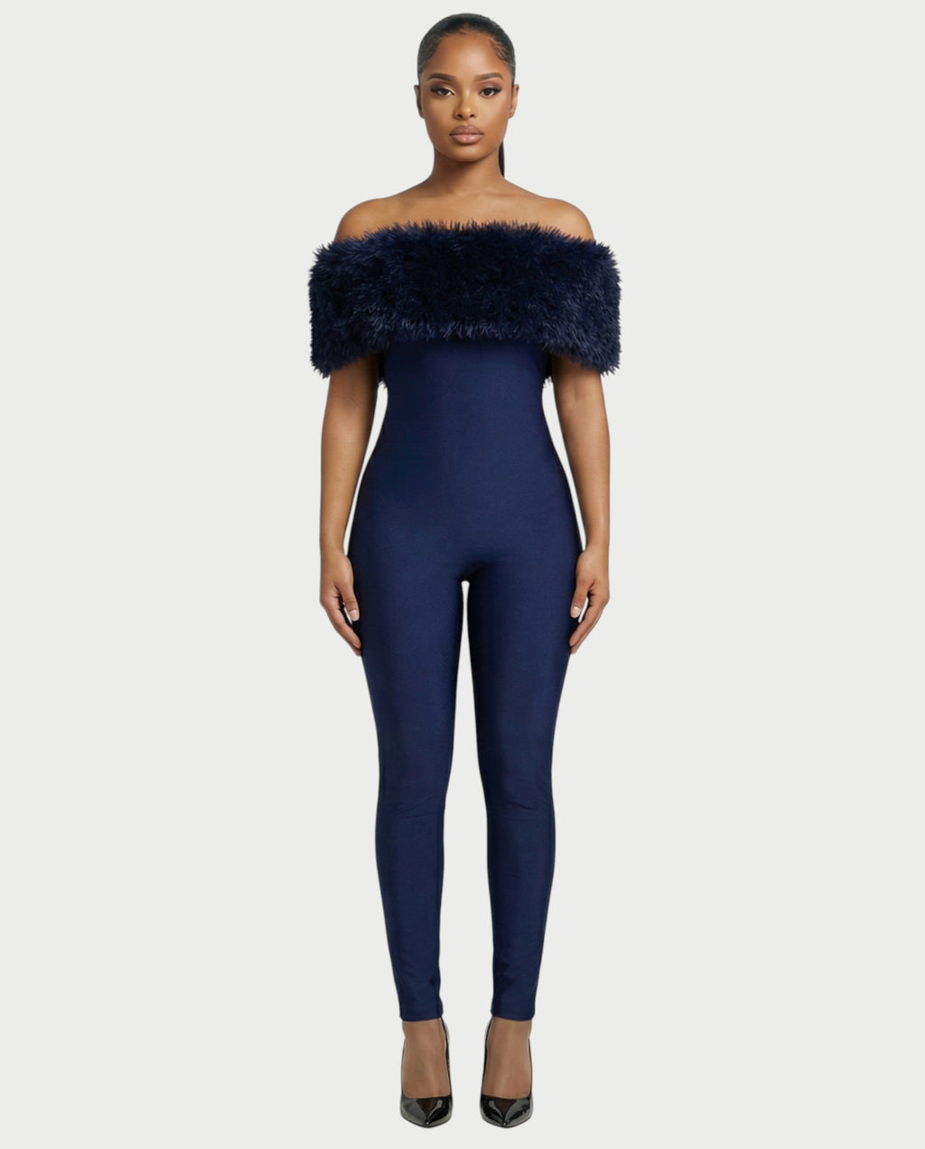 TRINA Off-Shoulder Faux Fur Trim Jumpsuit
