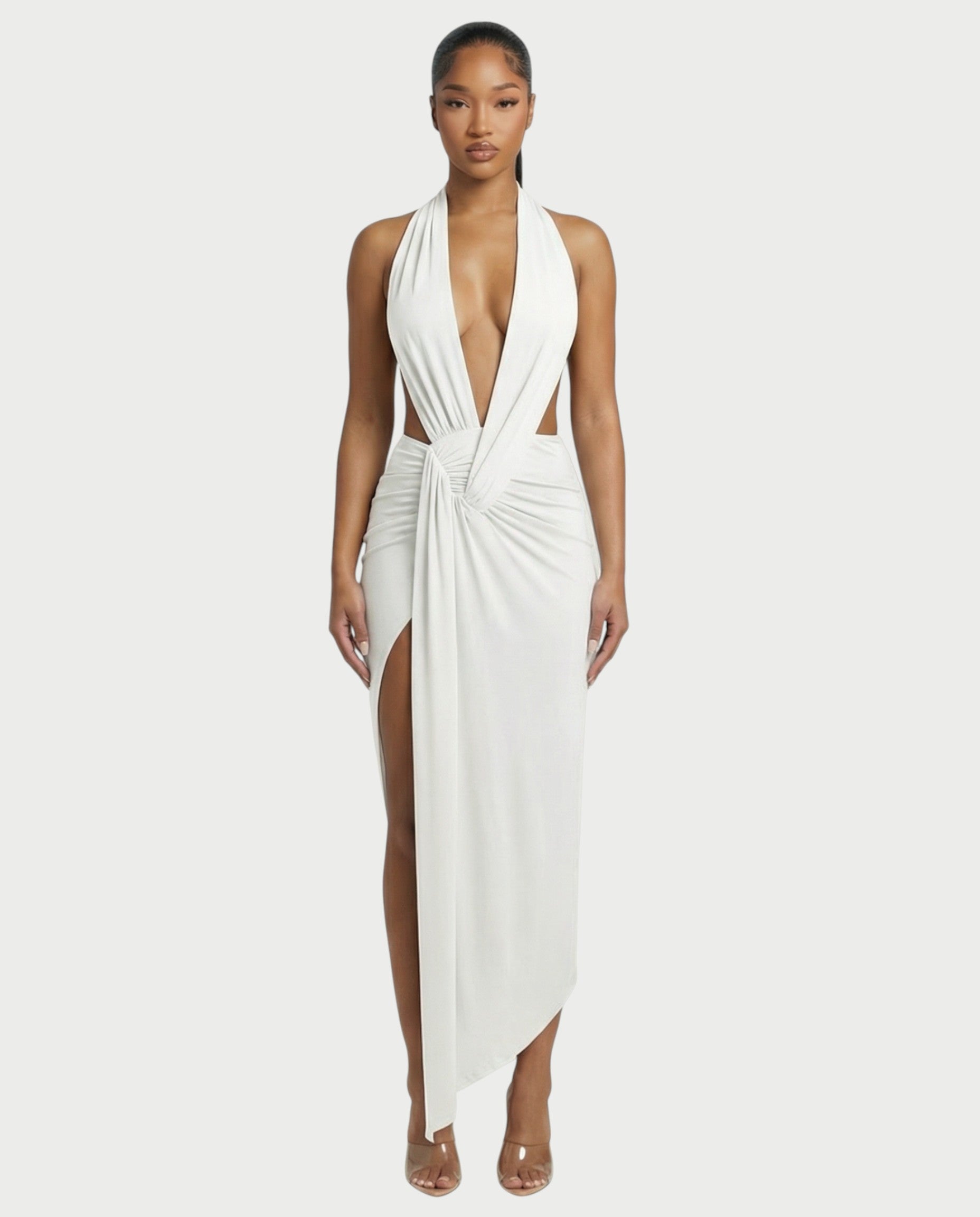 ORLAYA Deep Plunge Halter High-Slit Maxi Dress