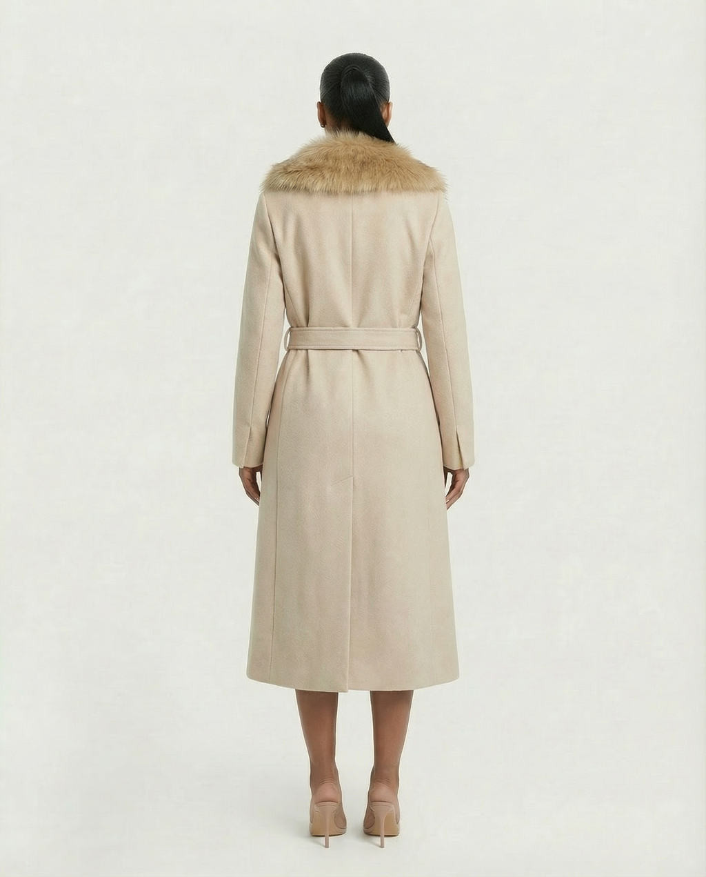 FLORINA Faux Fur Collar Wool Trench Coat
