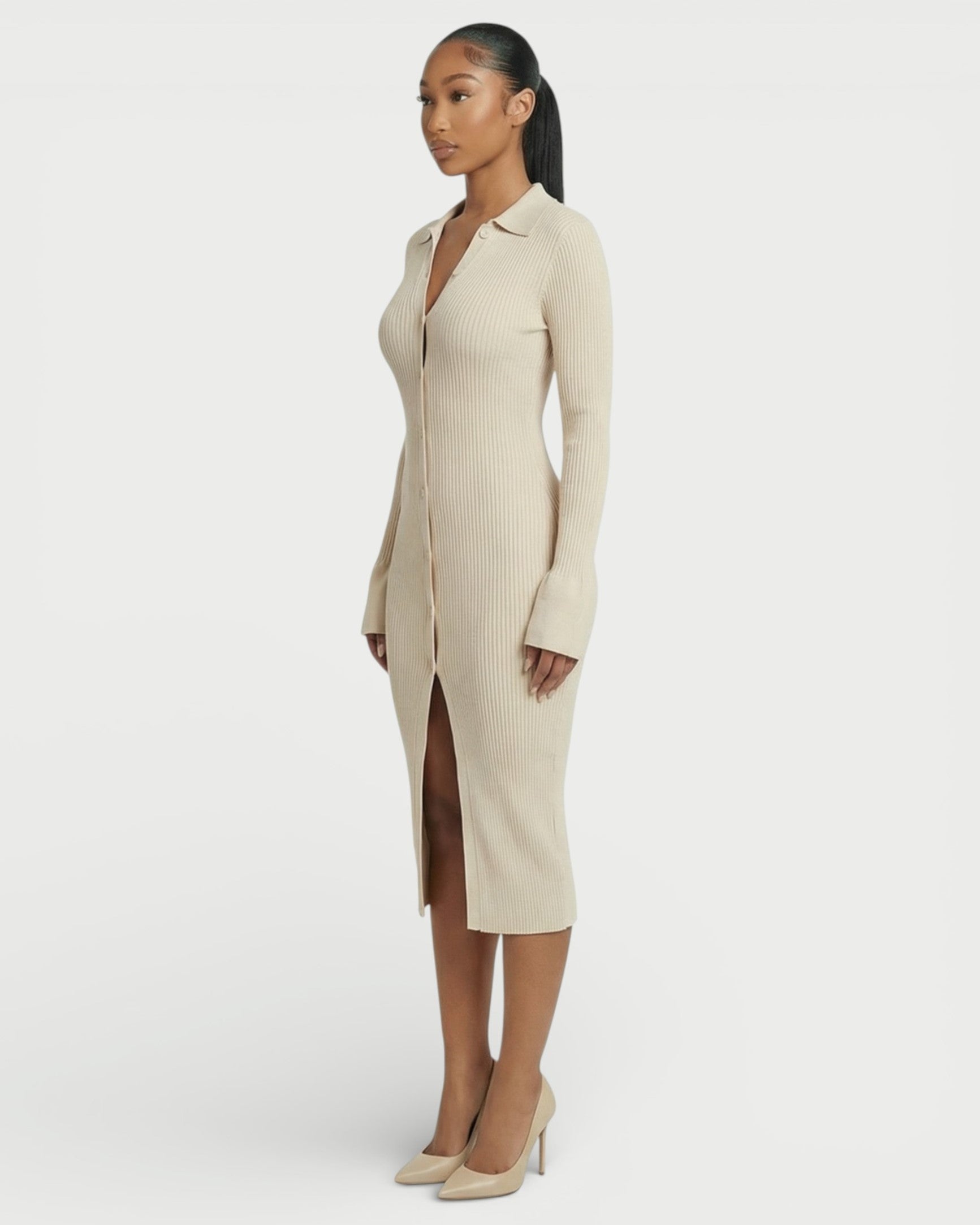 ELYSIA Ribbed Knit Collared Midi Dress