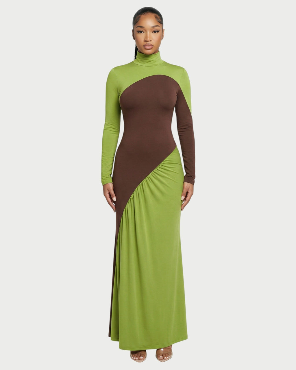 ANINA Contrast Panel Long-Sleeve Maxi Dress