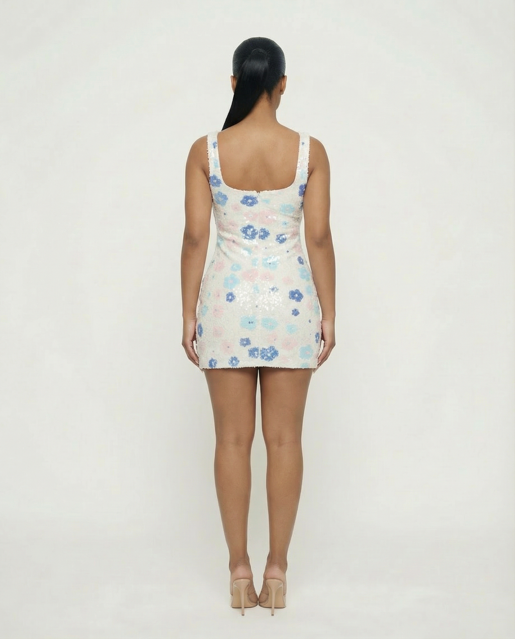 EVYRA Floral Print Sequin Slit Mini Dress
