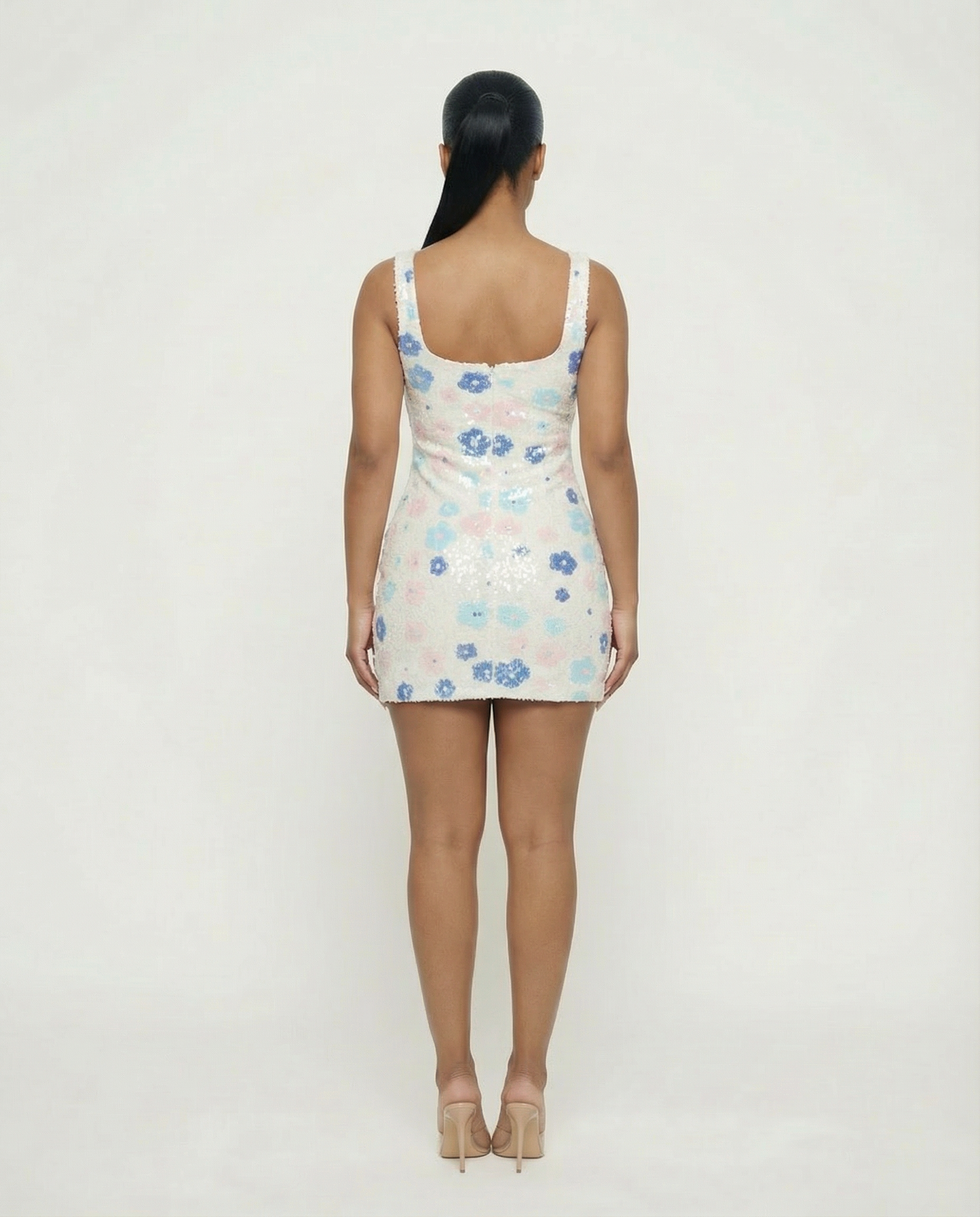 EVYRA Floral Print Sequin Slit Mini Dress