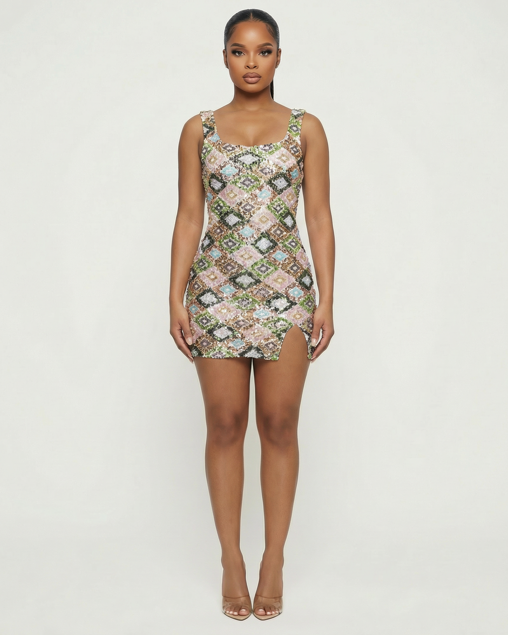 EVARA Geometric Sequin Slit Mini Dress