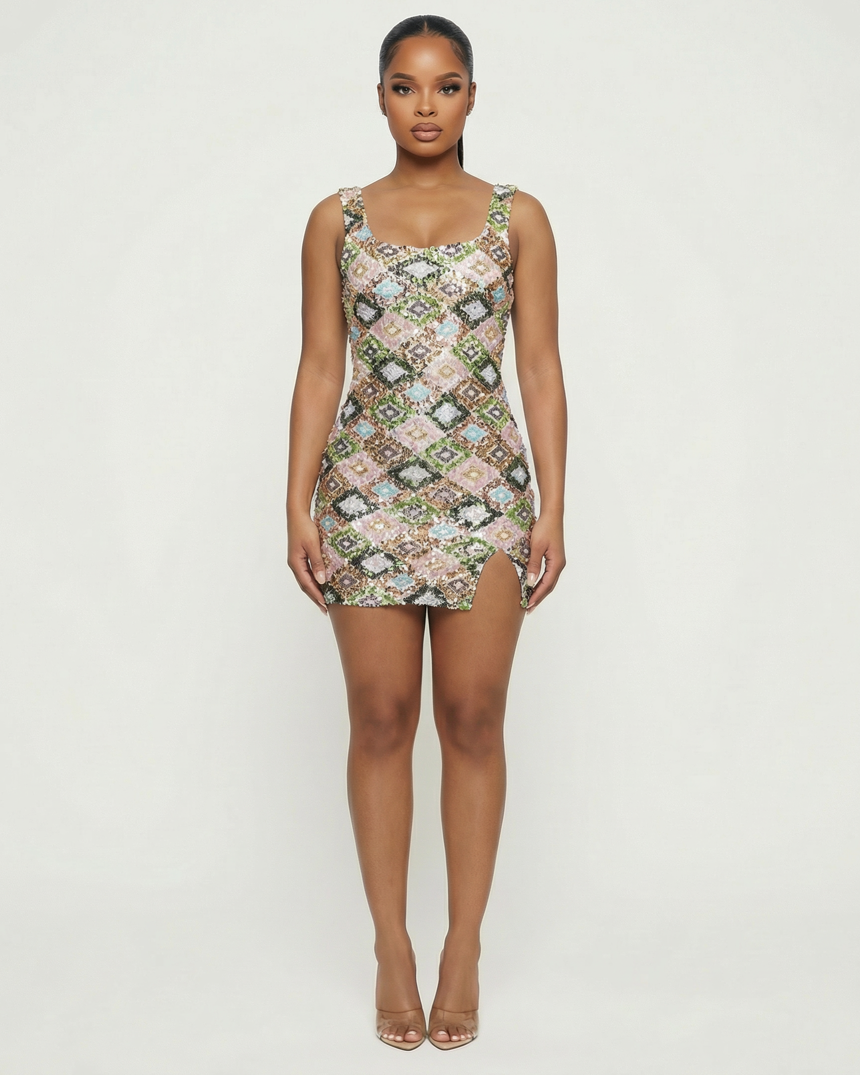 EVARA Geometric Sequin Slit Mini Dress