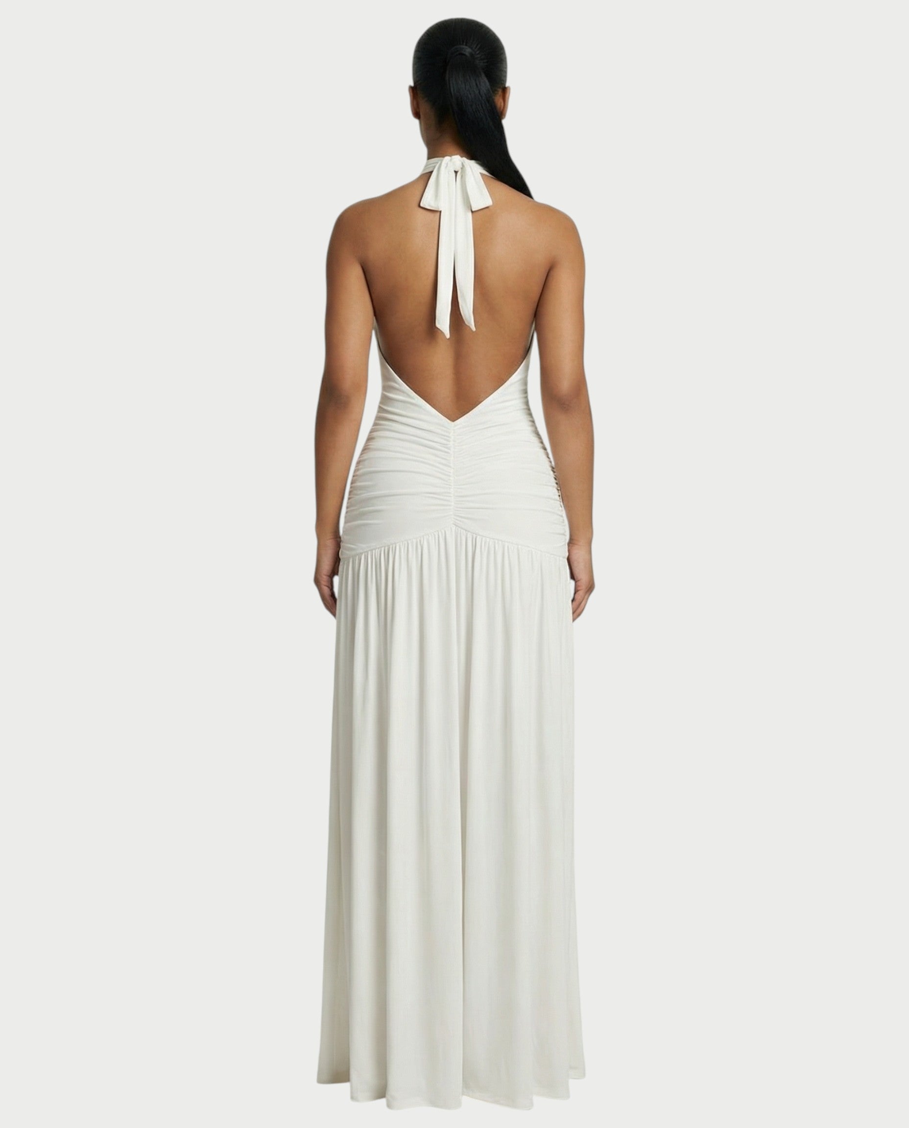 SORAYA Backless Halter Plunge Maxi Dress
