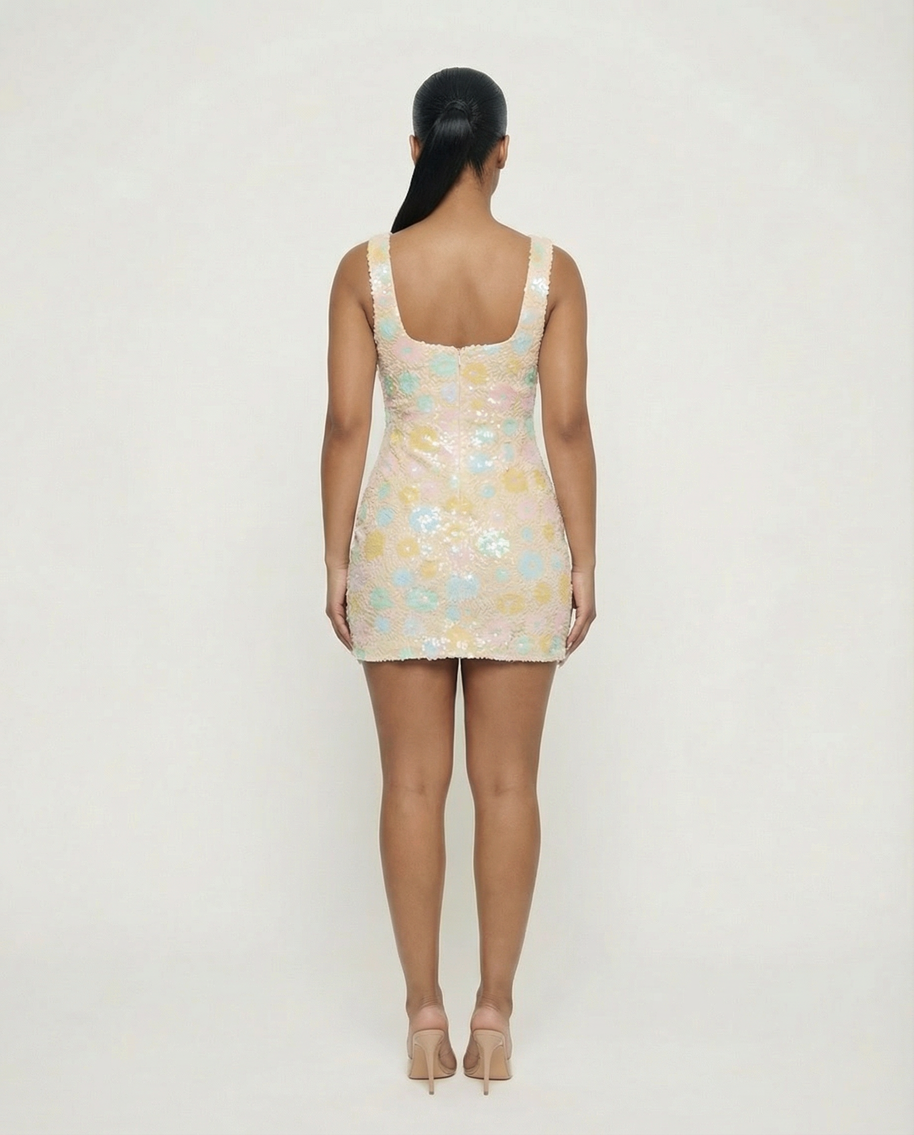 LEVARA Pastel Sequin Floral Bodycon Mini Dress