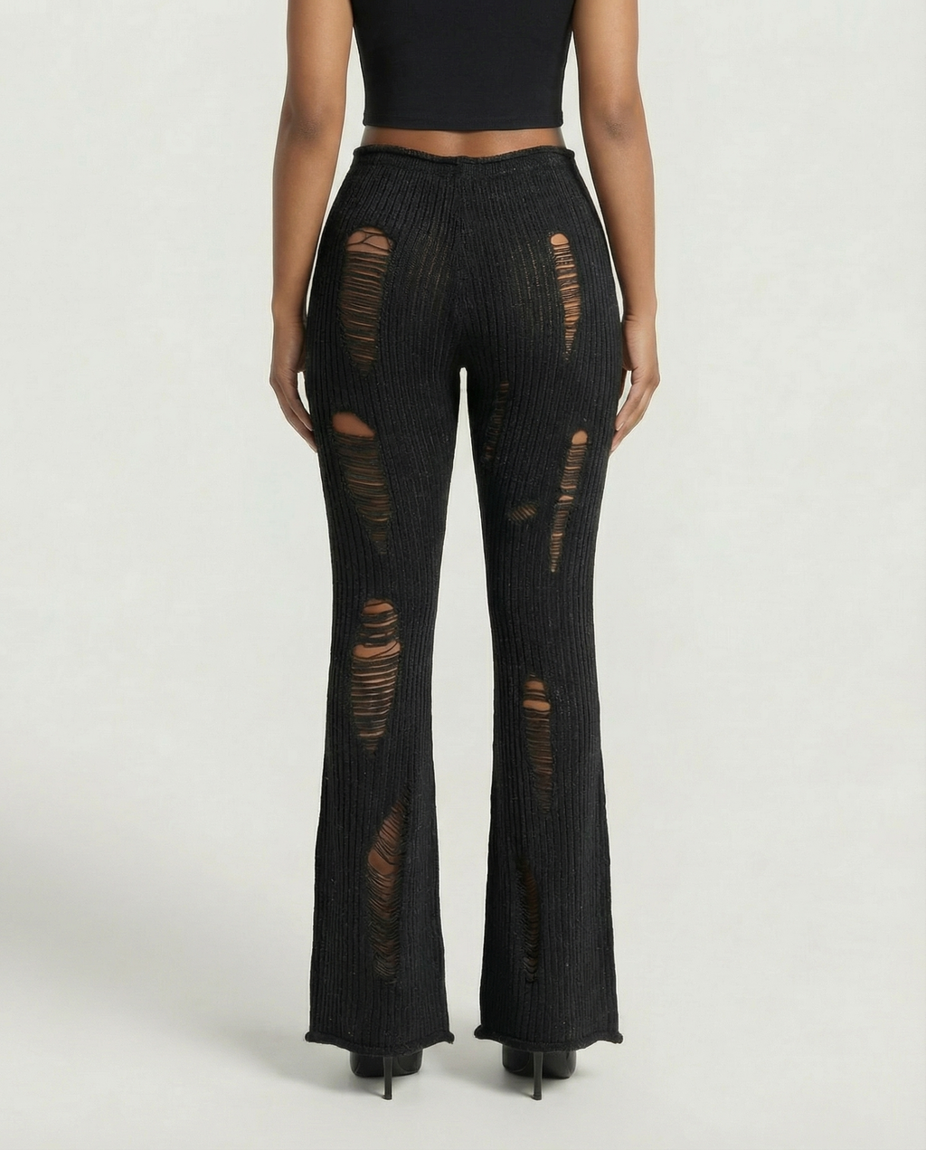 ALOMA Ripped Ribbed Knit Flared Pants