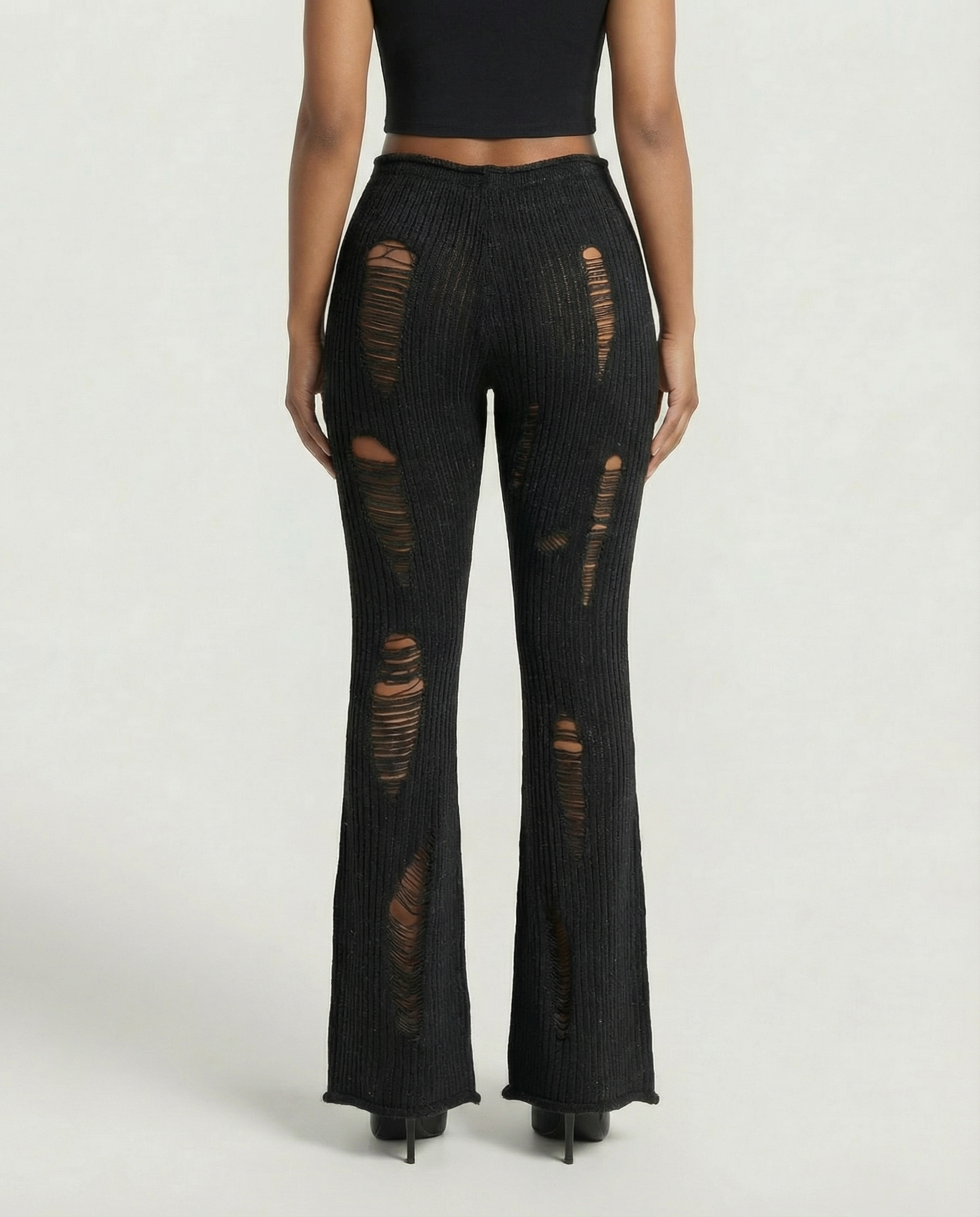 ALOMA Ripped Ribbed Knit Flared Pants