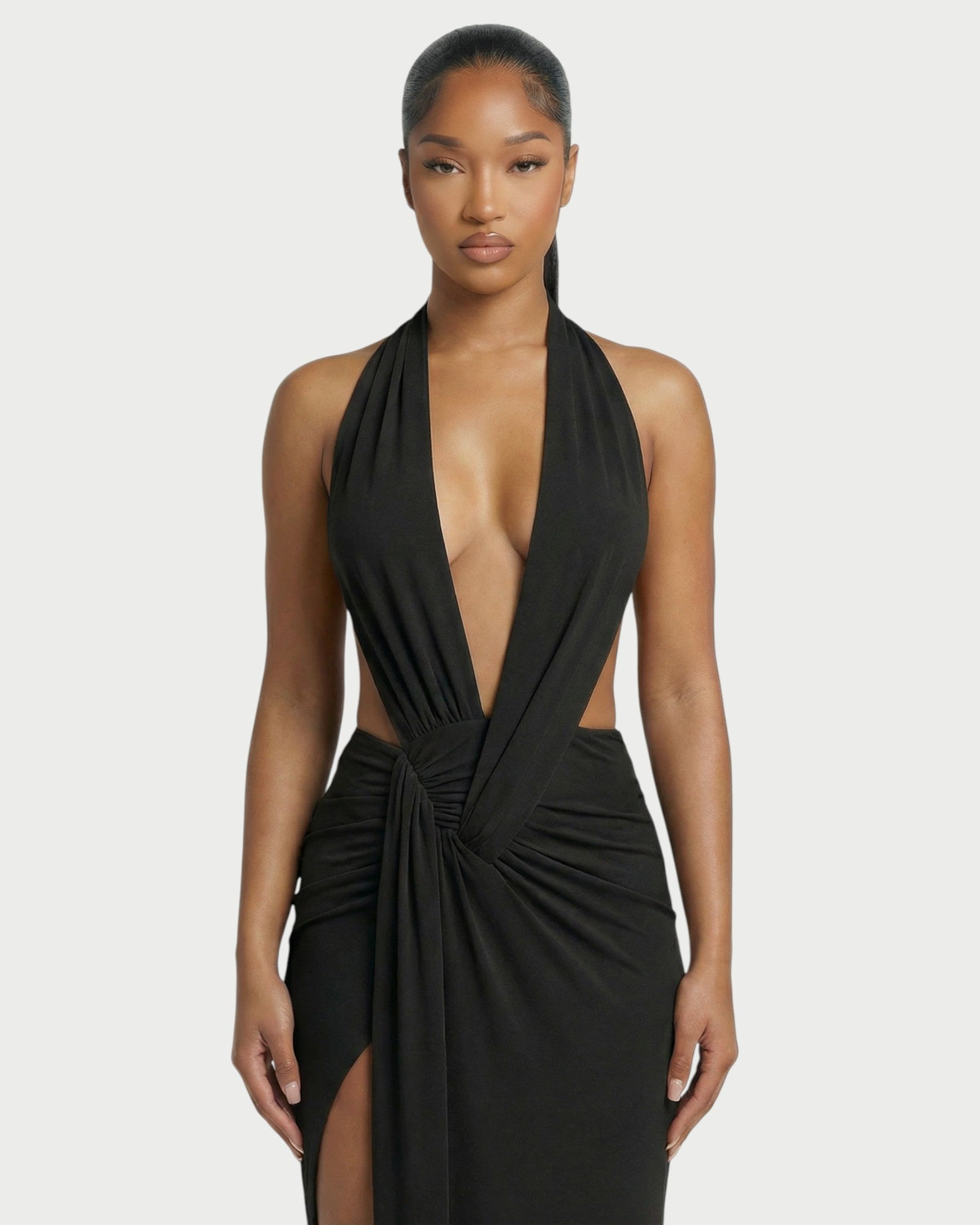 ORLAYA Deep Plunge Halter High-Slit Maxi Dress