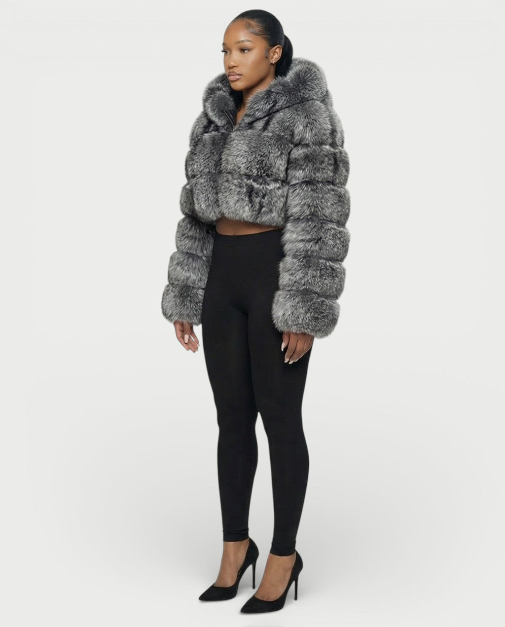 LIOREN Cropped Hooded Faux-Fur Puffer Jacket