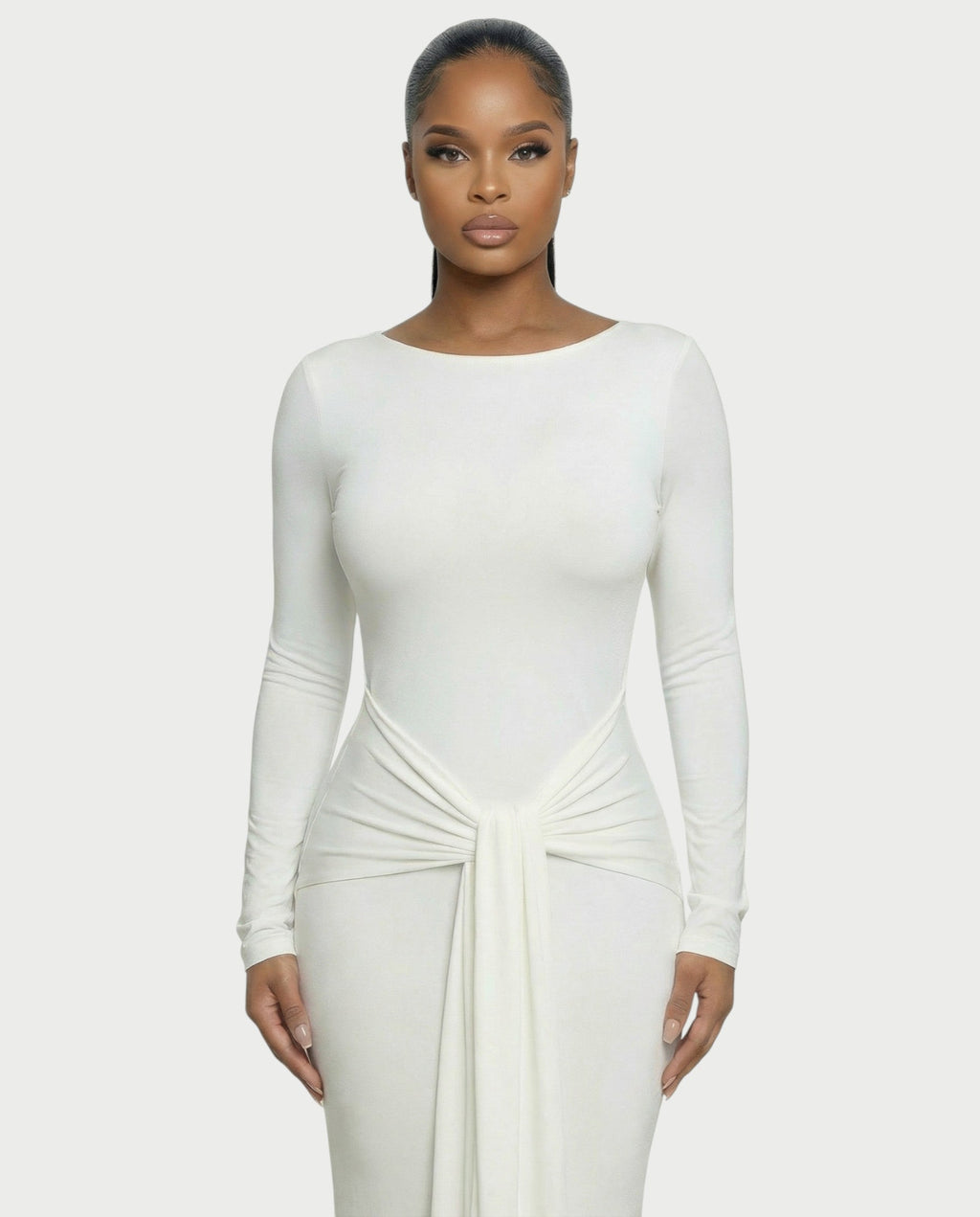 RENNA Draped Front Knot Backless Maxi Dress