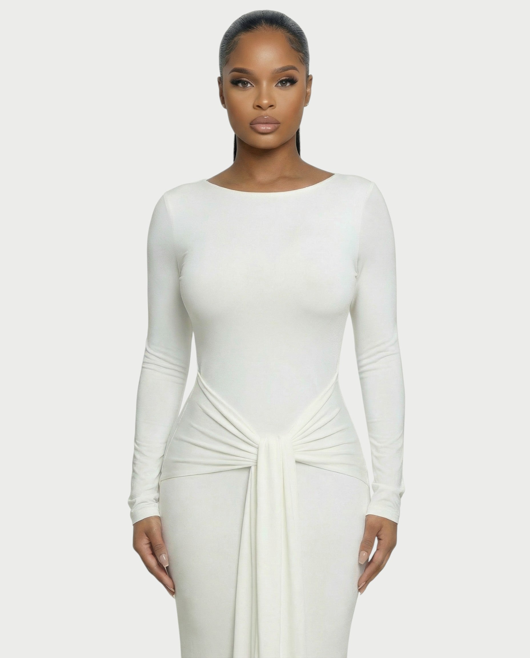 RENNA Draped Front Knot Backless Maxi Dress