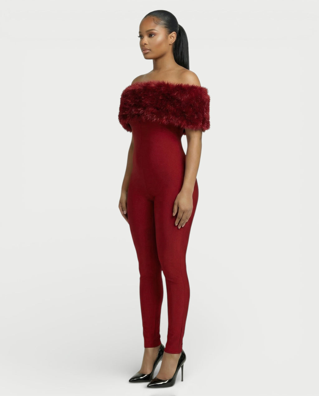 TRINA Off-Shoulder Faux Fur Trim Jumpsuit