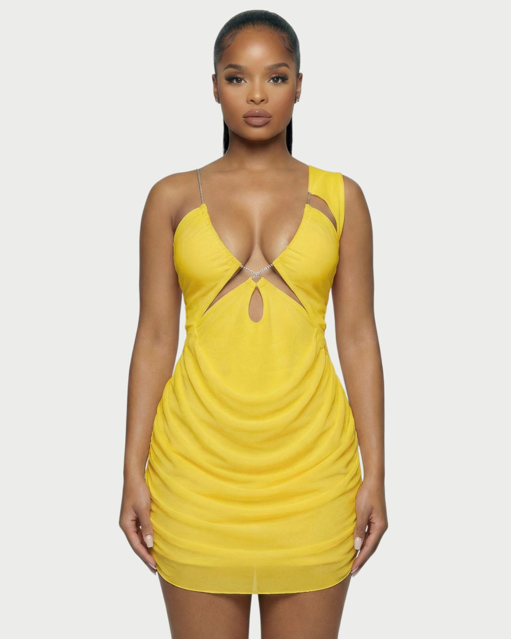 JUVIA Chain Detail Cut-Out Mesh Mini Dress