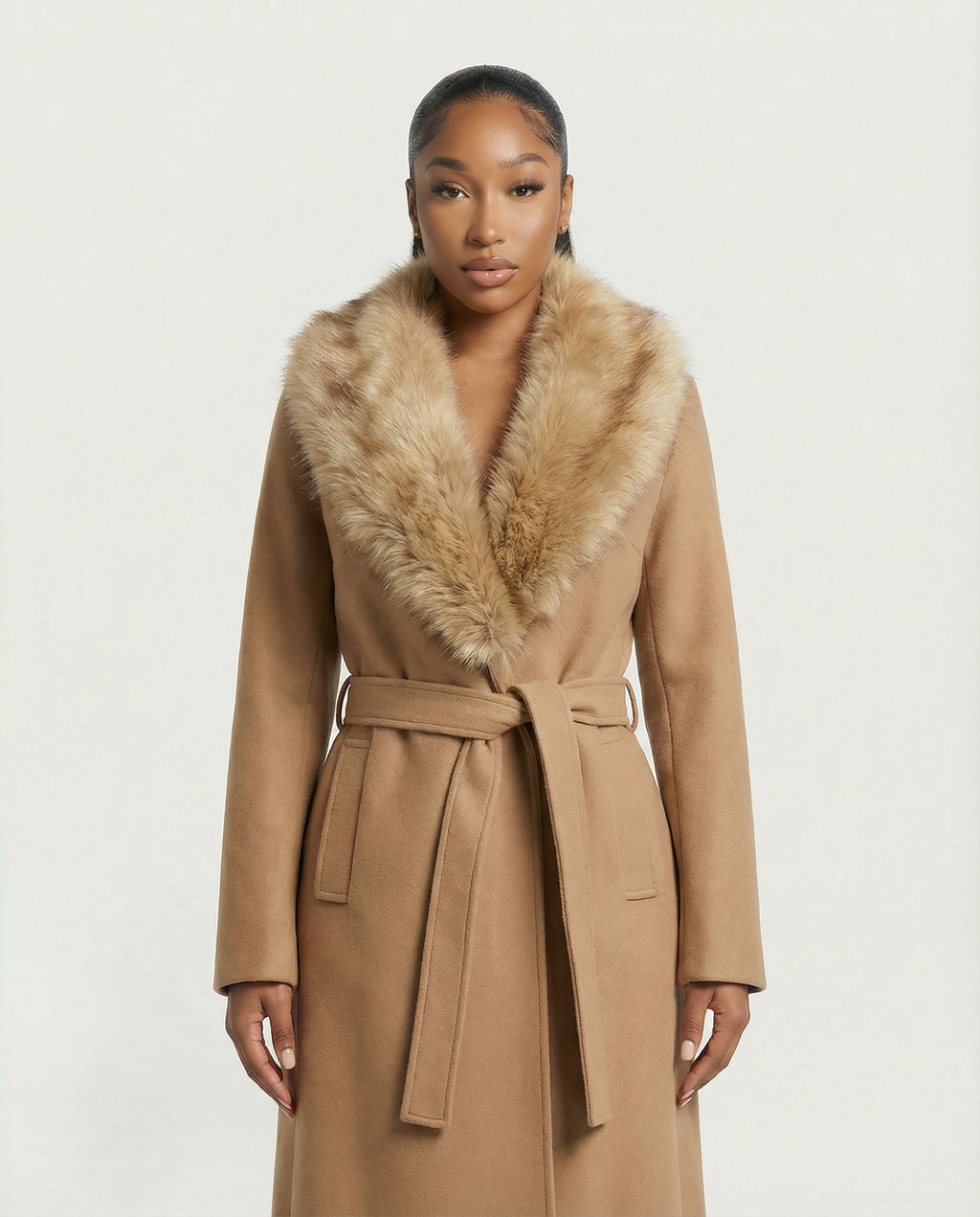 FLORINA Faux Fur Collar Wool Trench Coat