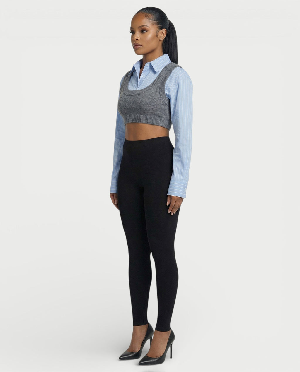 SARIEL Striped Long Sleeve Shirt & Knit Crop Top Set