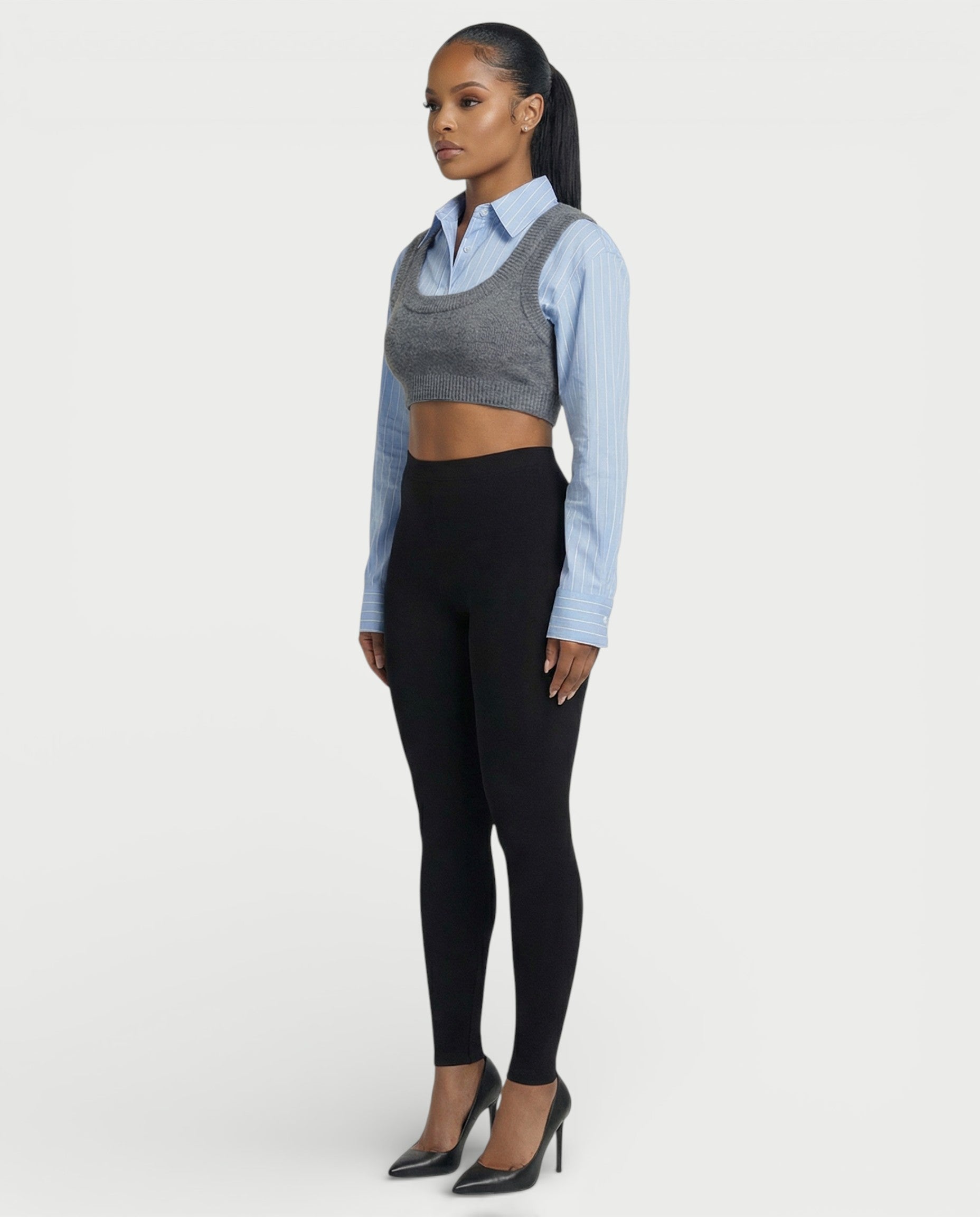 SARIEL Striped Long Sleeve Shirt & Knit Crop Top Set