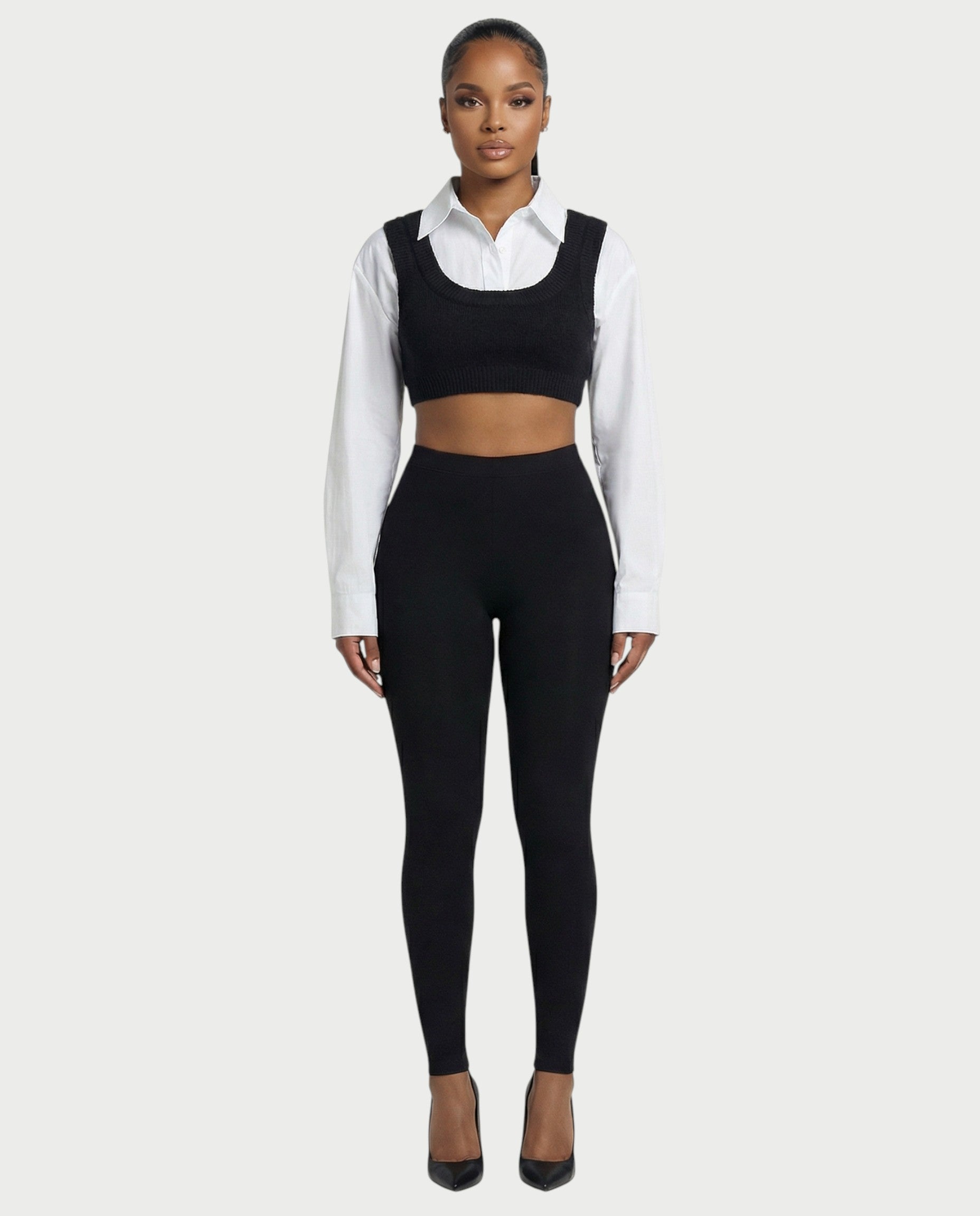SARIEL Striped Long Sleeve Shirt & Knit Crop Top Set