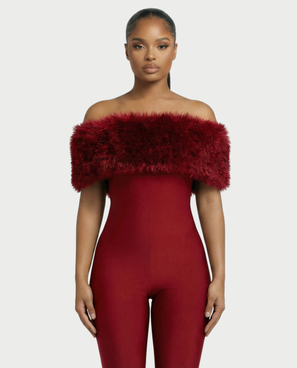 TRINA Off-Shoulder Faux Fur Trim Jumpsuit