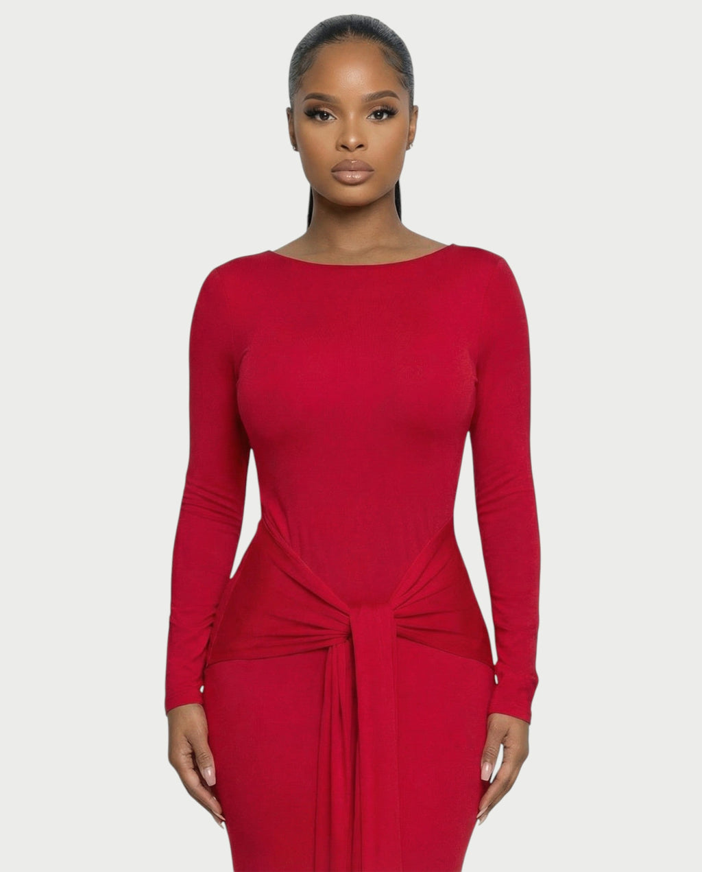 RENNA Draped Front Knot Backless Maxi Dress