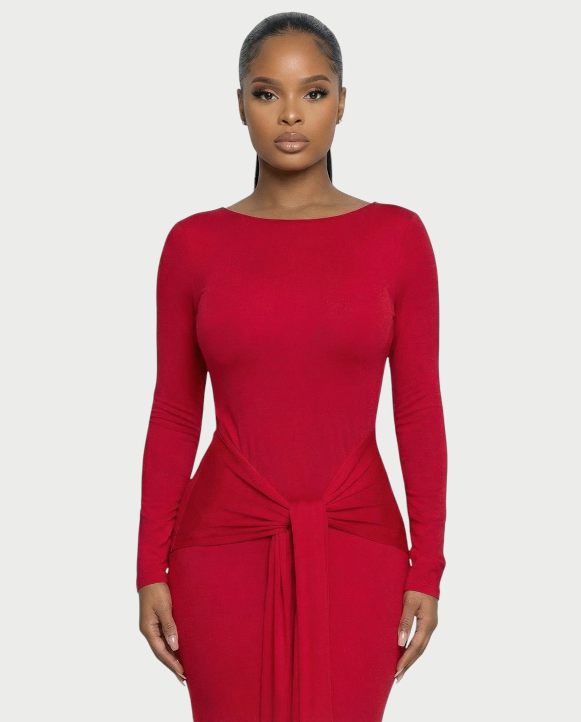 RENNA Draped Front Knot Backless Maxi Dress