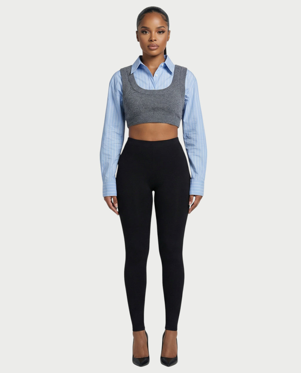 SARIEL Striped Long Sleeve Shirt & Knit Crop Top Set
