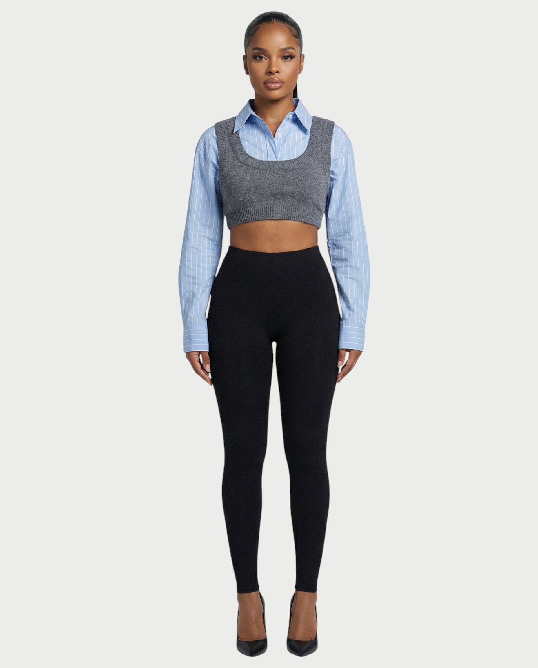 SARIEL Striped Long Sleeve Shirt & Knit Crop Top Set