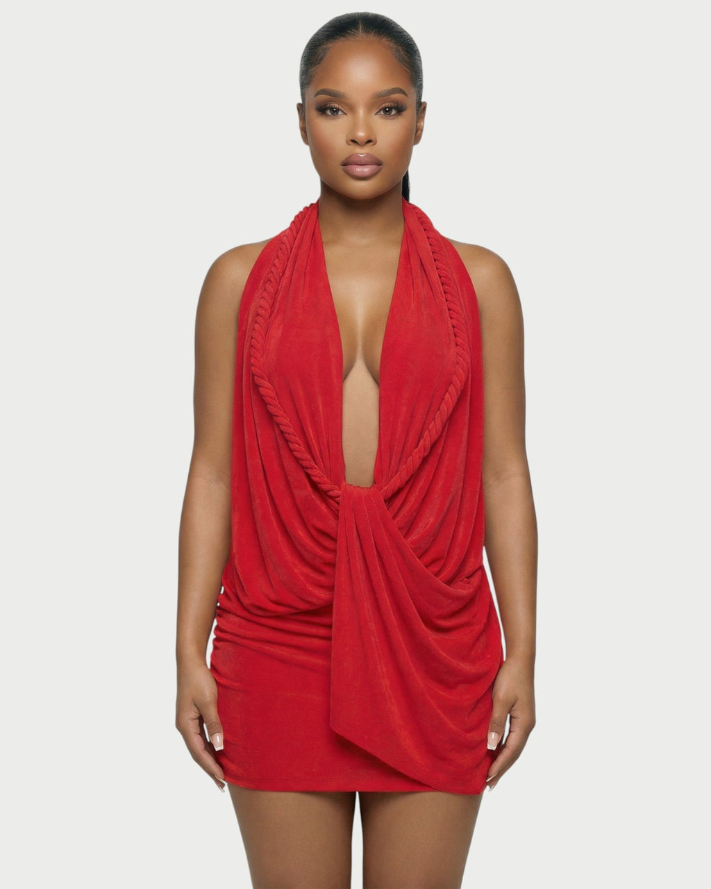 SIONA Rope Trim Draped Halter Mini Dress
