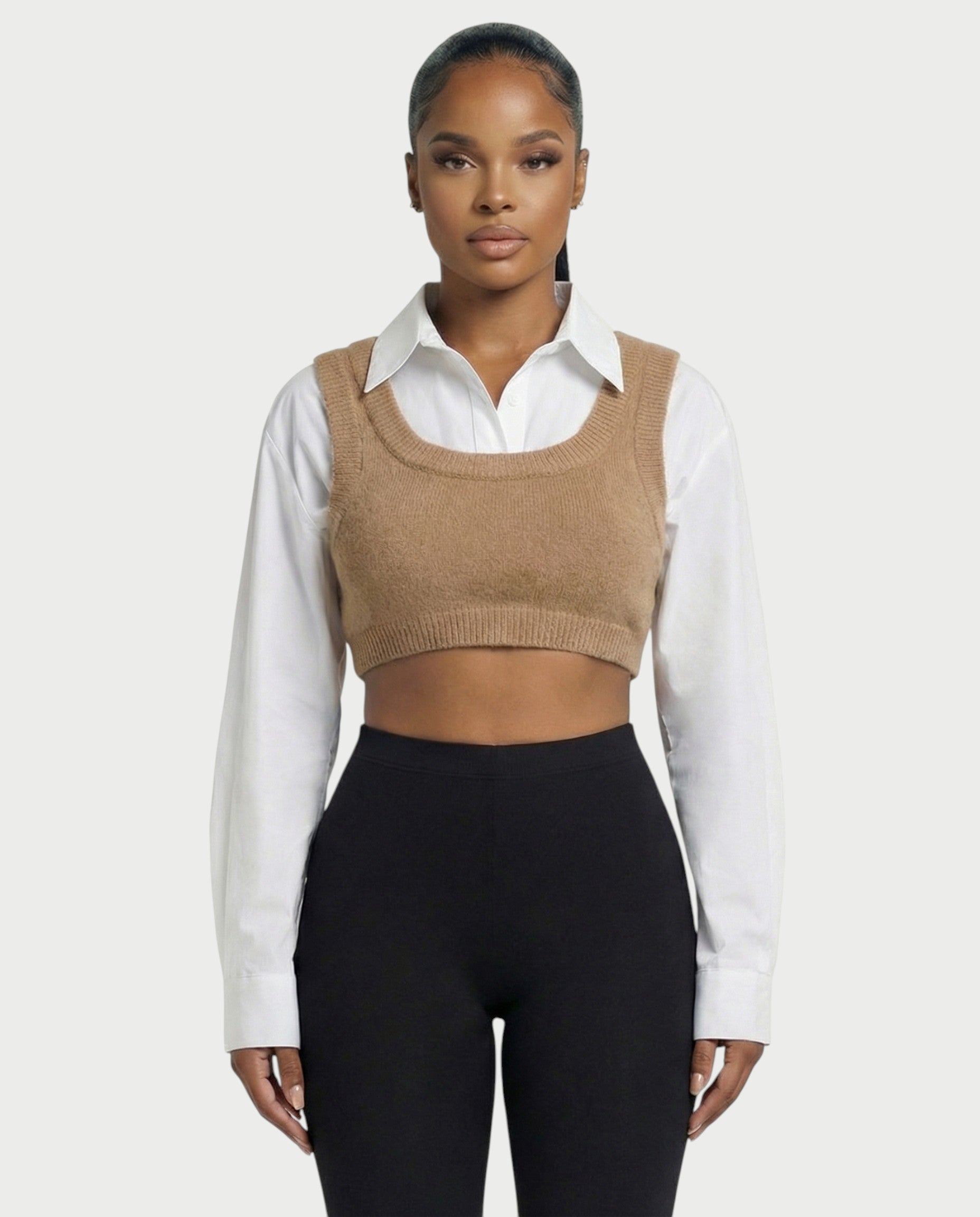 SARIEL Striped Long Sleeve Shirt & Knit Crop Top Set