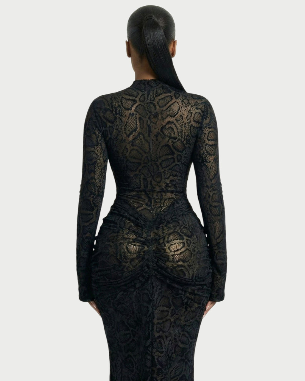 LIYANA Lace Ruched Bell Sleeve Maxi Dress
