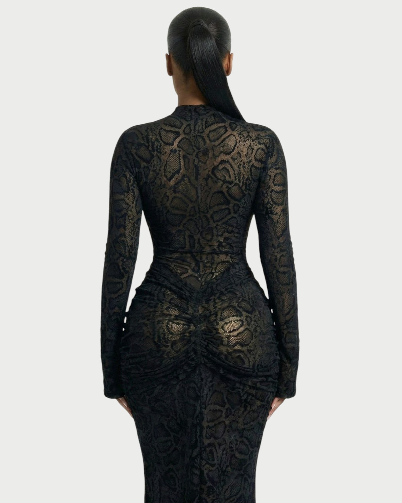 LIYANA Lace Ruched Bell Sleeve Maxi Dress