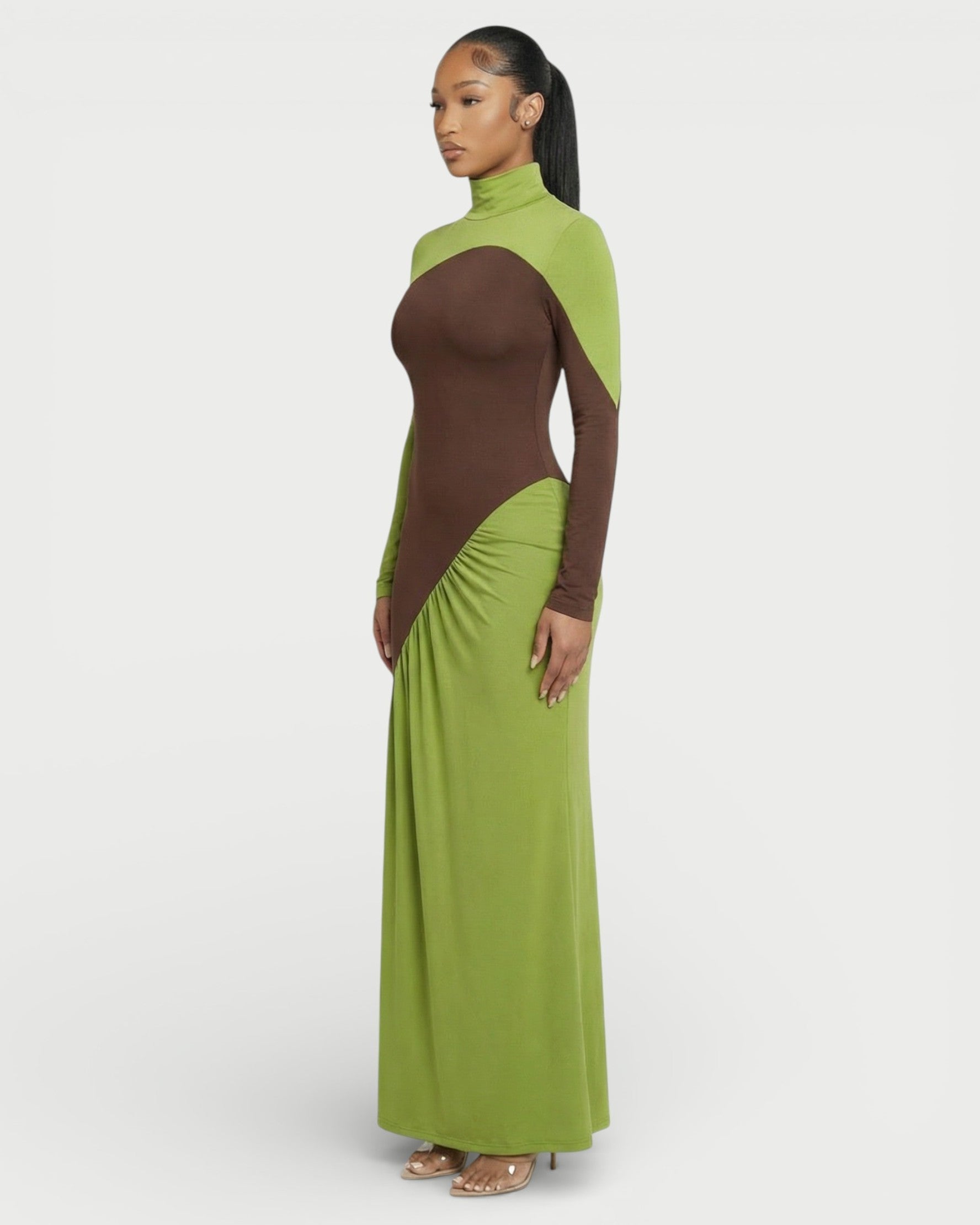 ANINA Contrast Panel Long-Sleeve Maxi Dress
