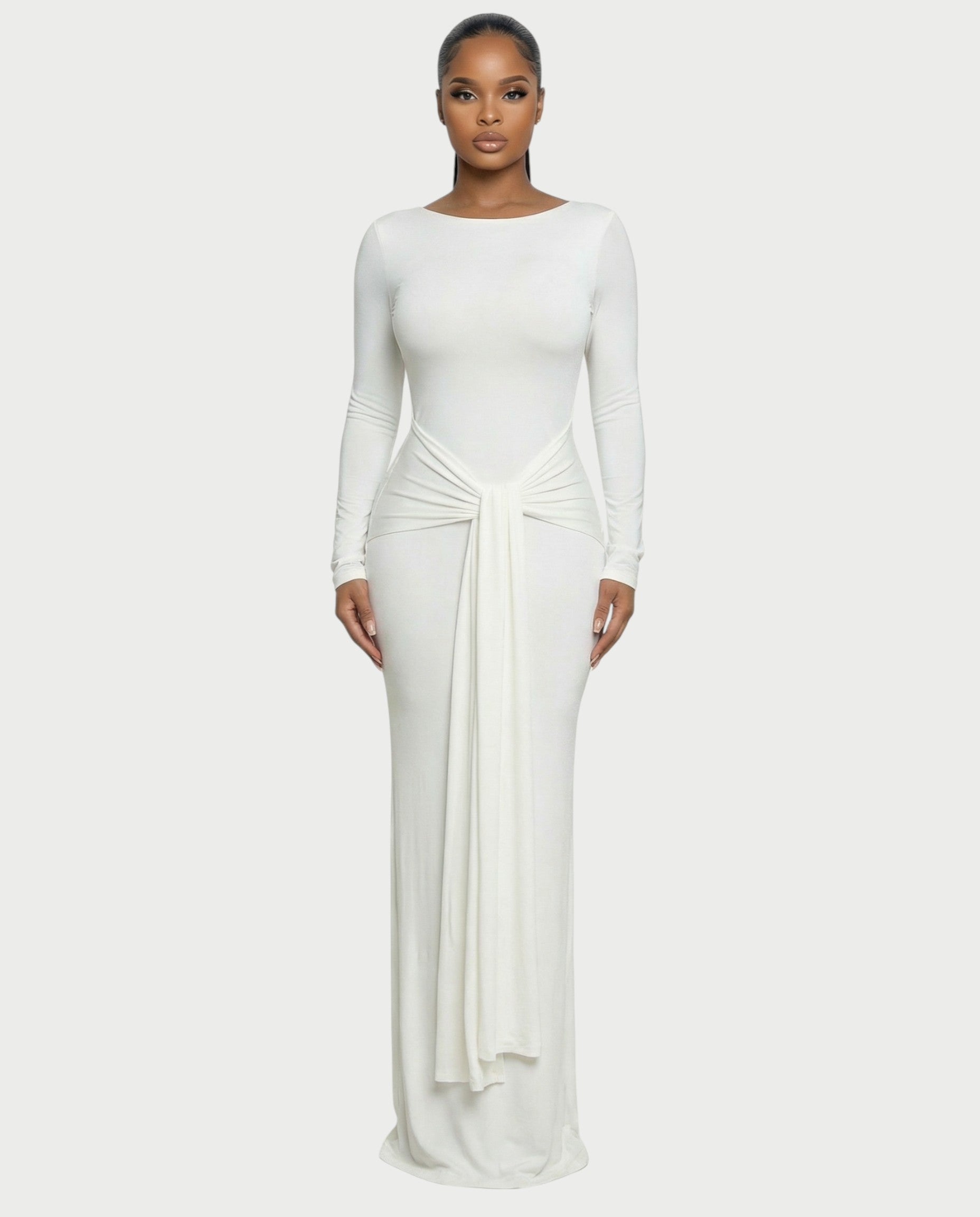 RENNA Draped Front Knot Backless Maxi Dress