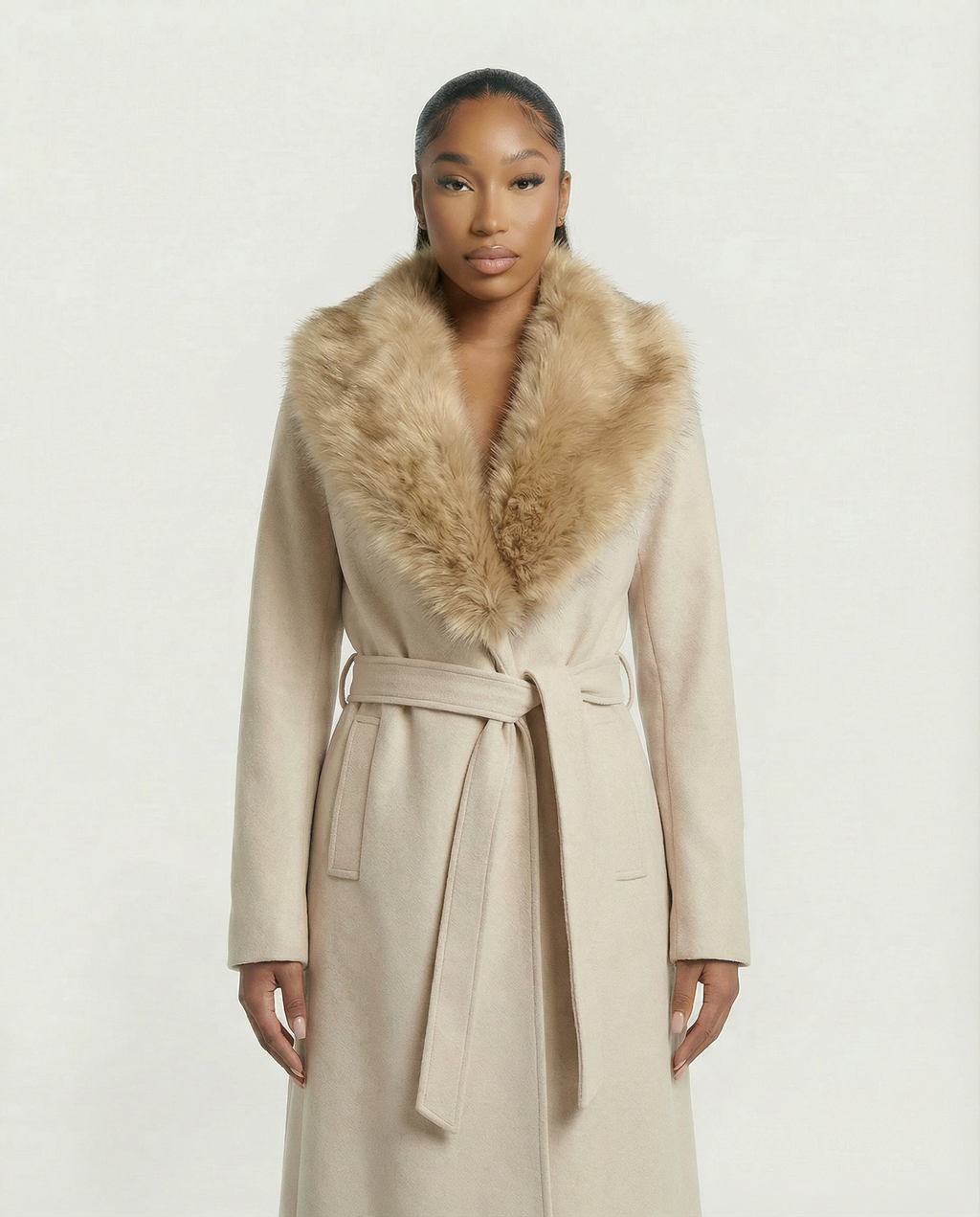 FLORINA Faux Fur Collar Wool Trench Coat