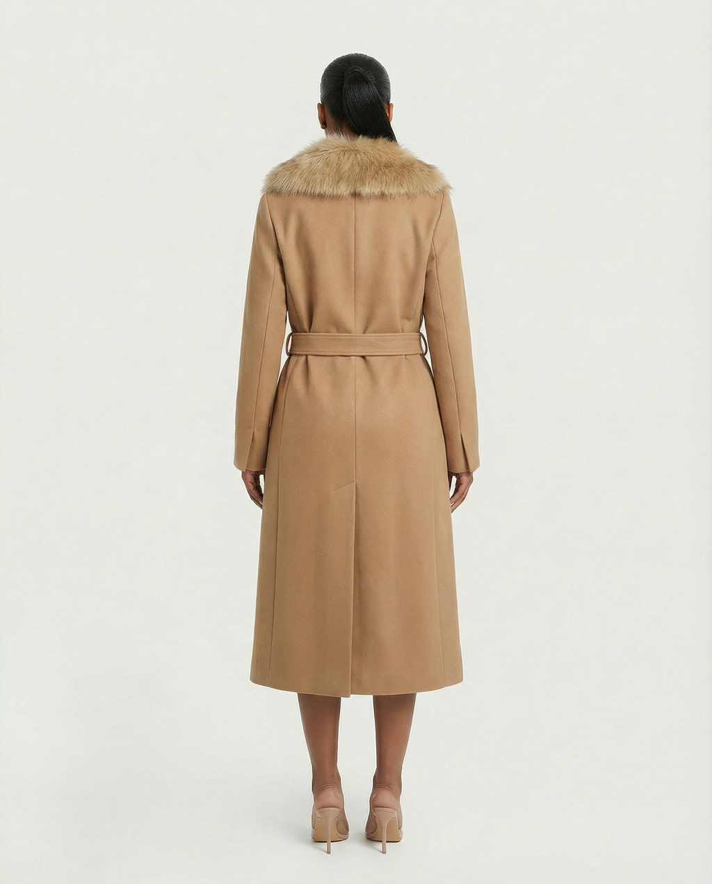 FLORINA Faux Fur Collar Wool Trench Coat