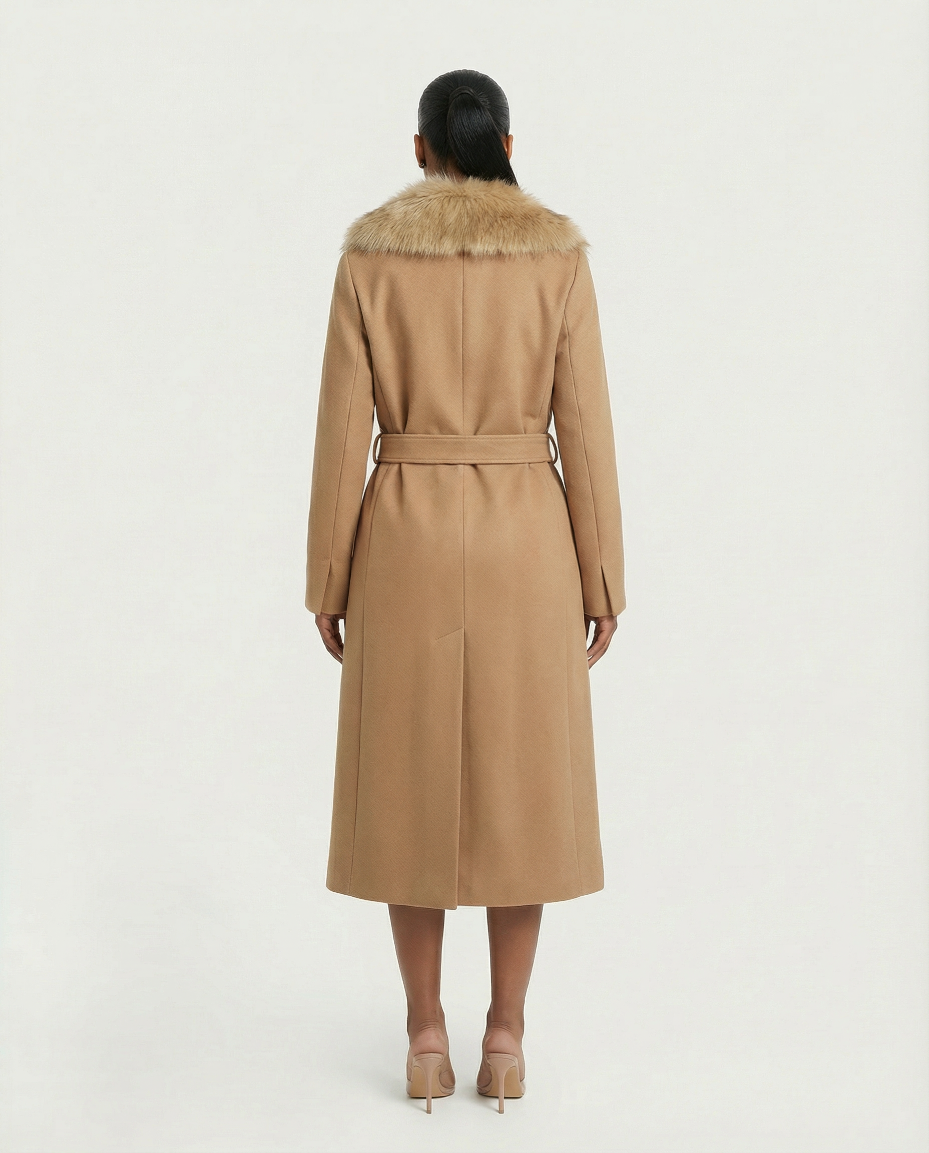 FLORINA Faux Fur Collar Wool Trench Coat