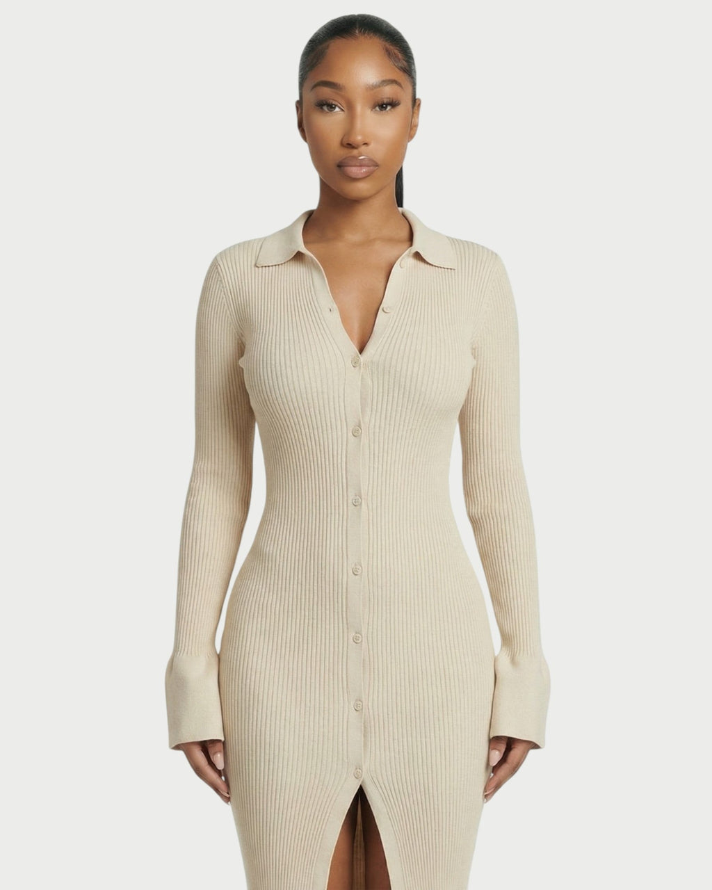 ELYSIA Ribbed Knit Collared Midi Dress