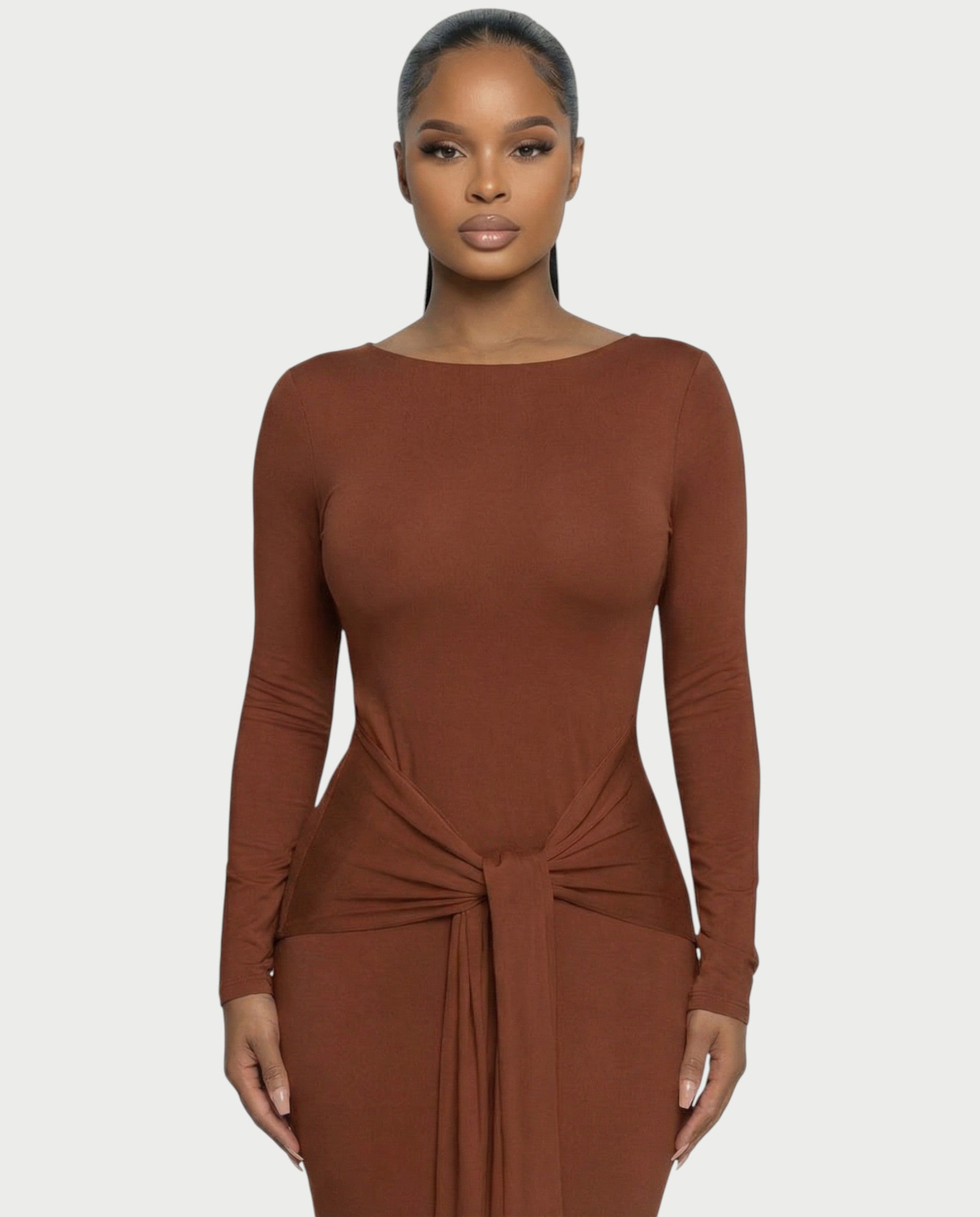 RENNA Draped Front Knot Backless Maxi Dress