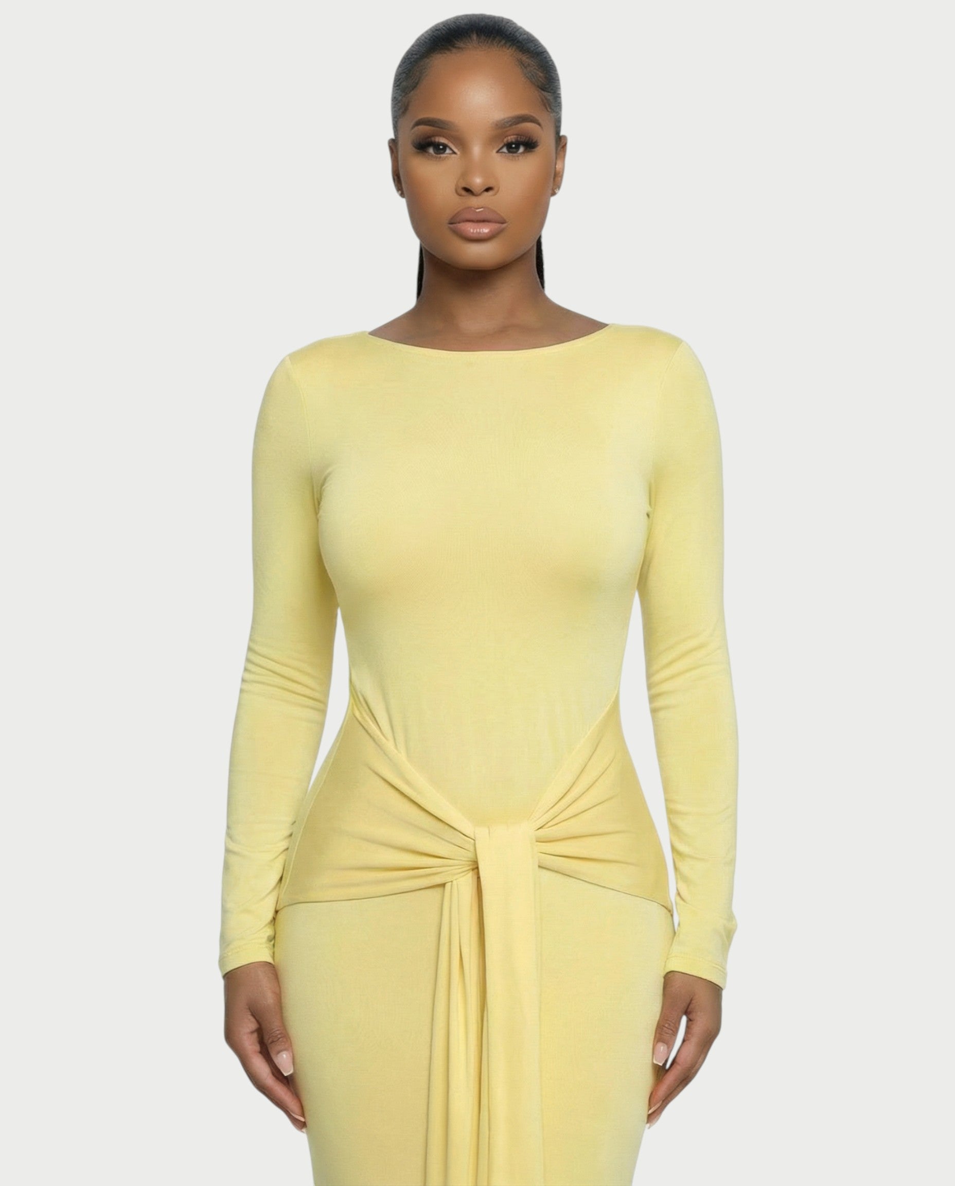 RENNA Draped Front Knot Backless Maxi Dress