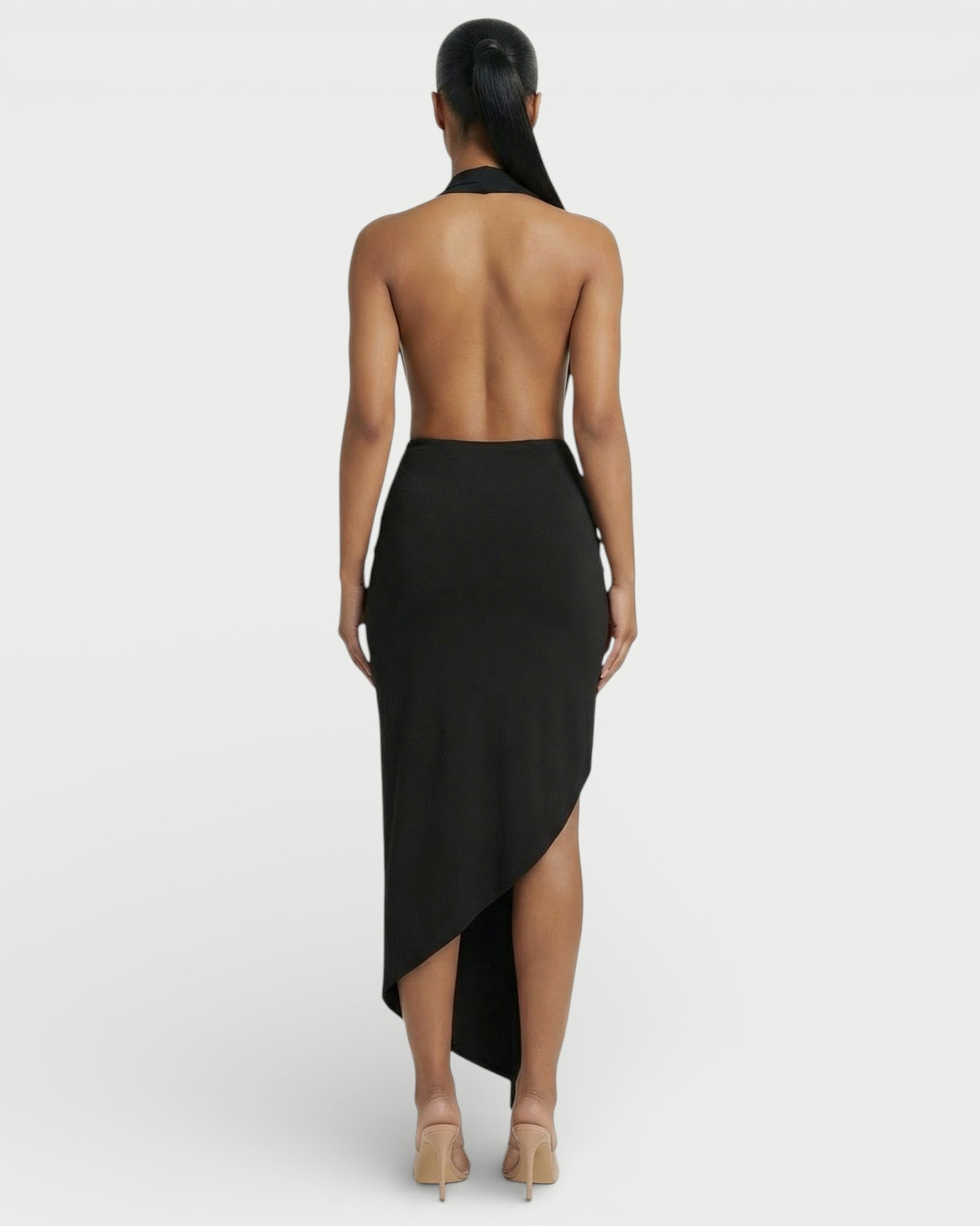 ORLAYA Deep Plunge Halter High-Slit Maxi Dress