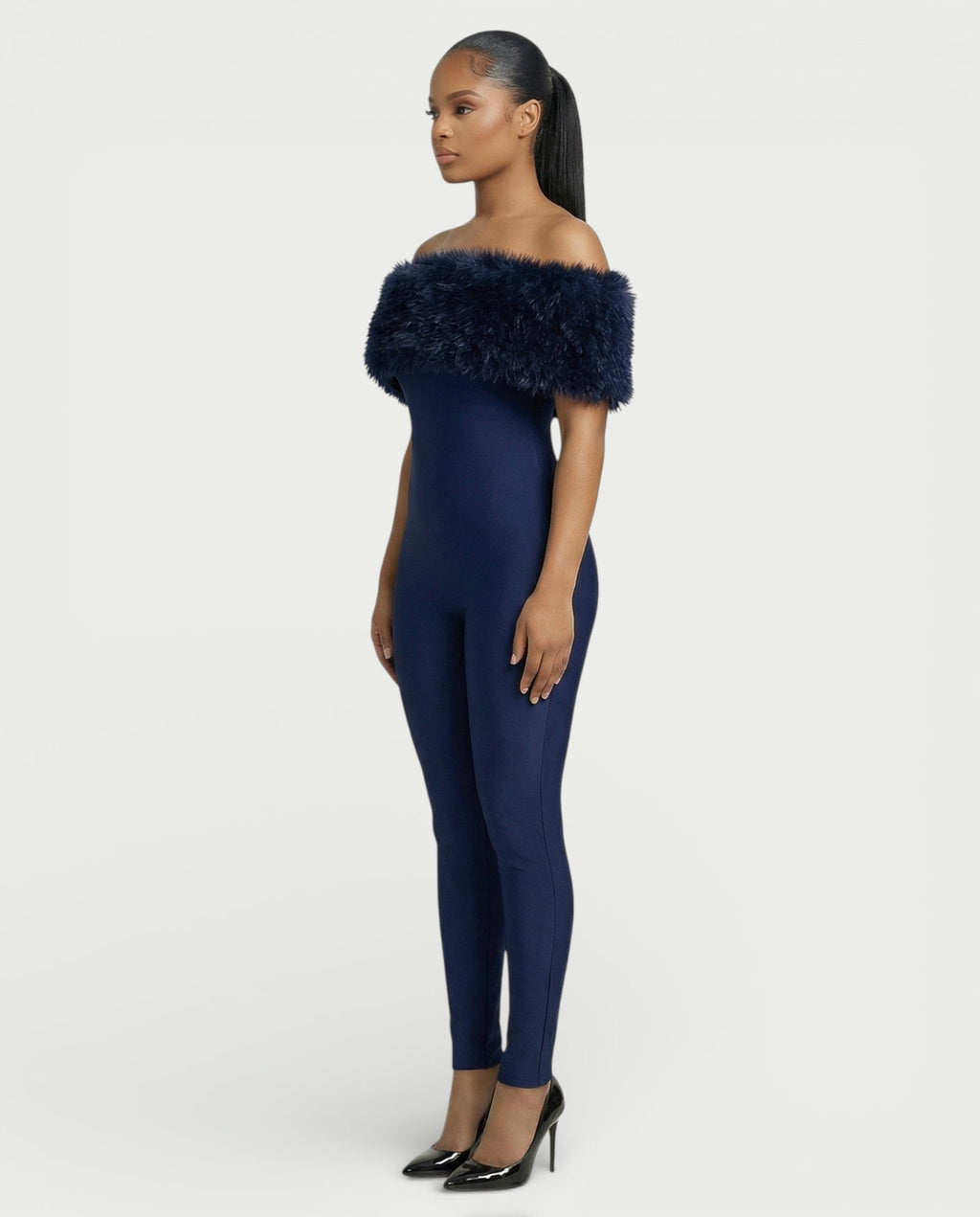 TRINA Off-Shoulder Faux Fur Trim Jumpsuit
