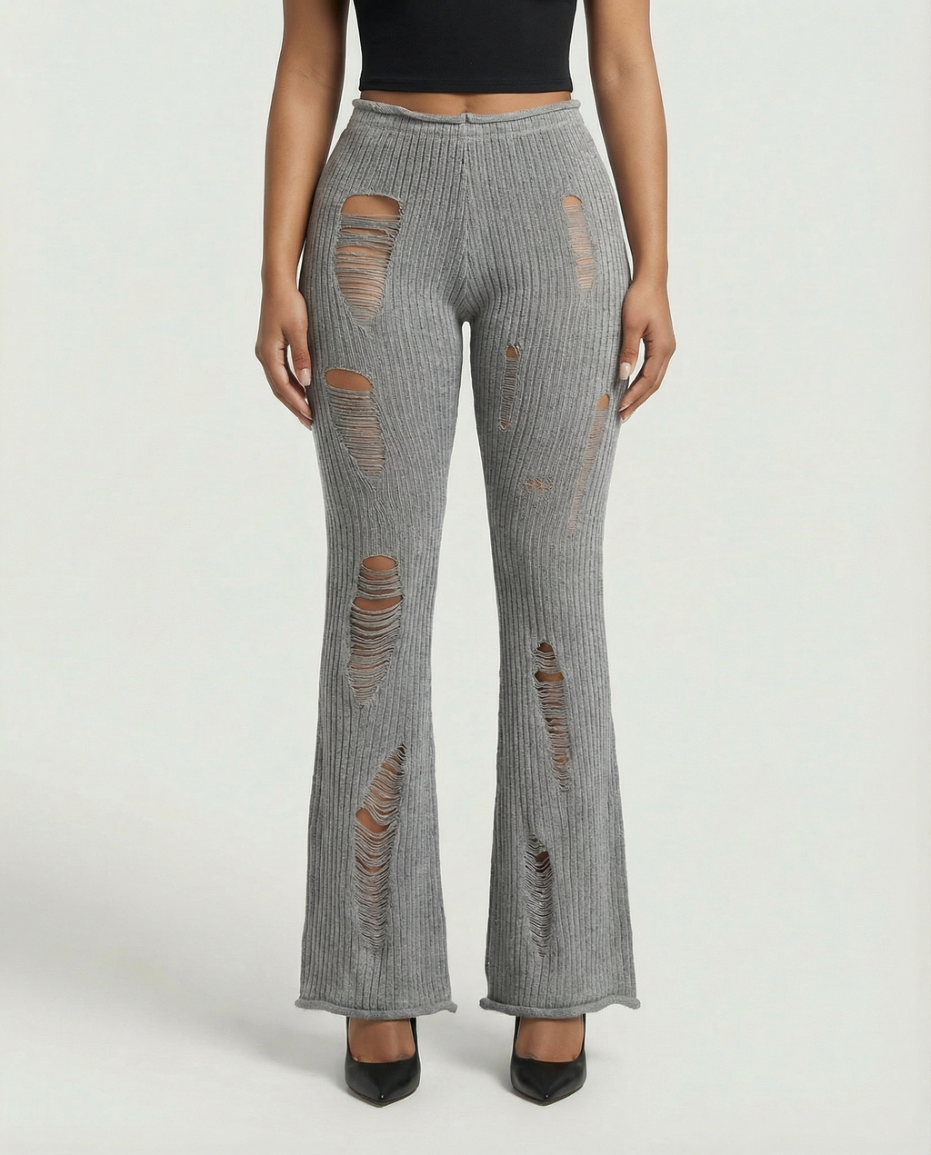 ALOMA Ripped Ribbed Knit Flared Pants
