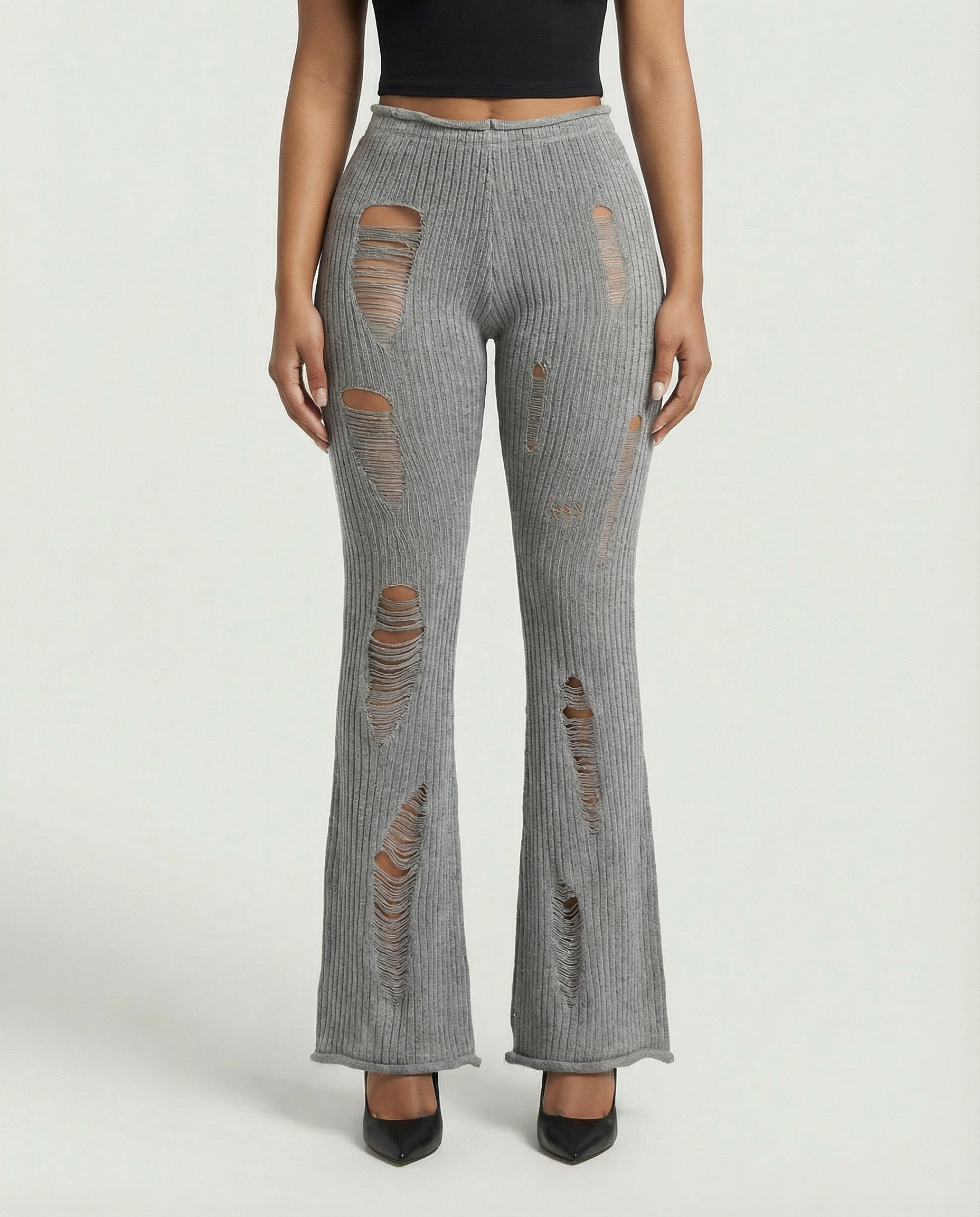ALOMA Ripped Ribbed Knit Flared Pants