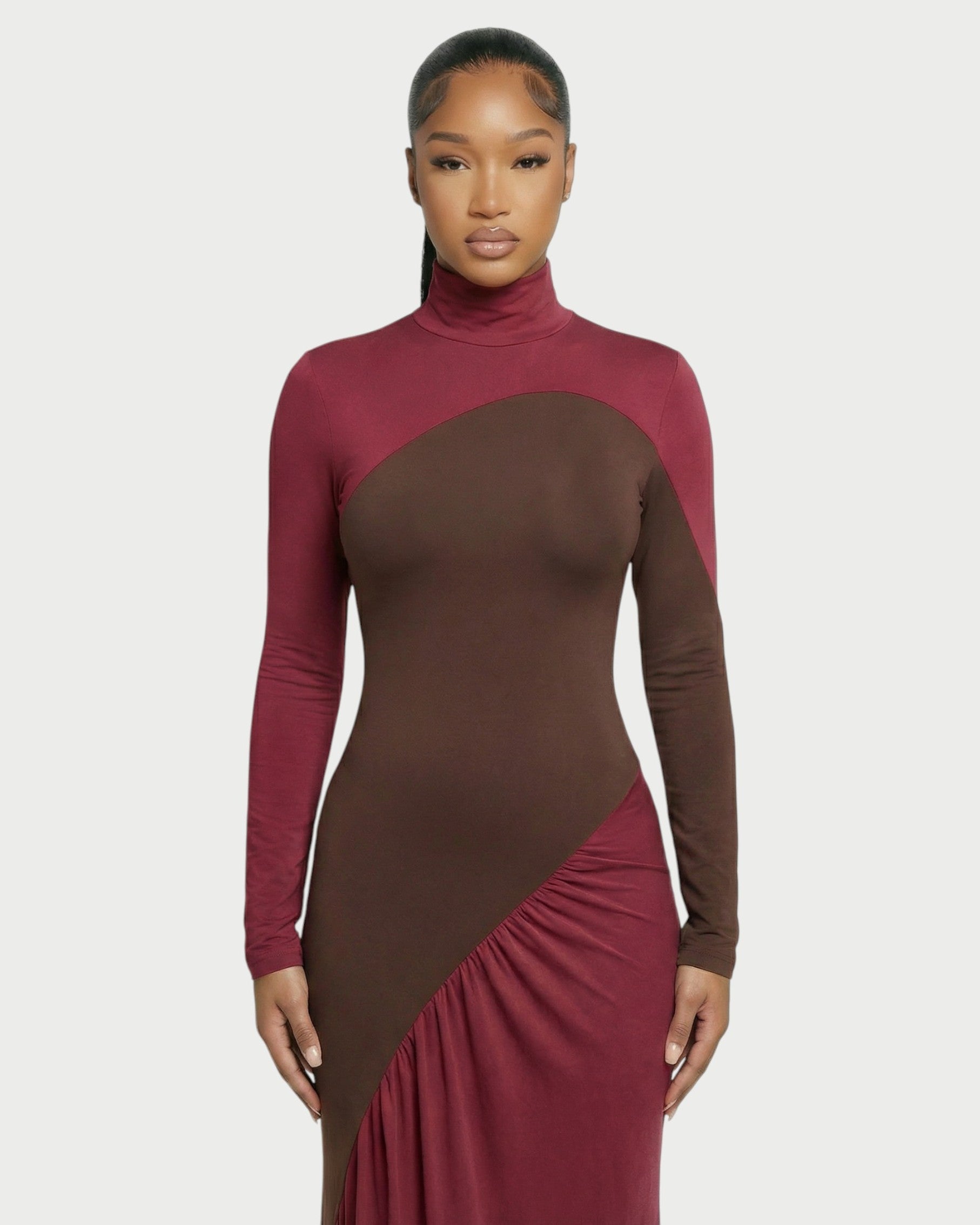 ANINA Contrast Panel Long-Sleeve Maxi Dress