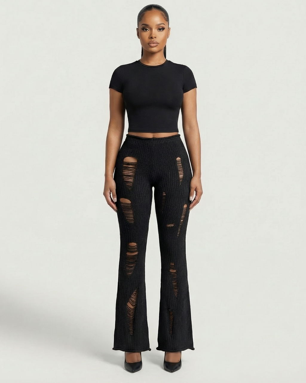 ALOMA Ripped Ribbed Knit Flared Pants