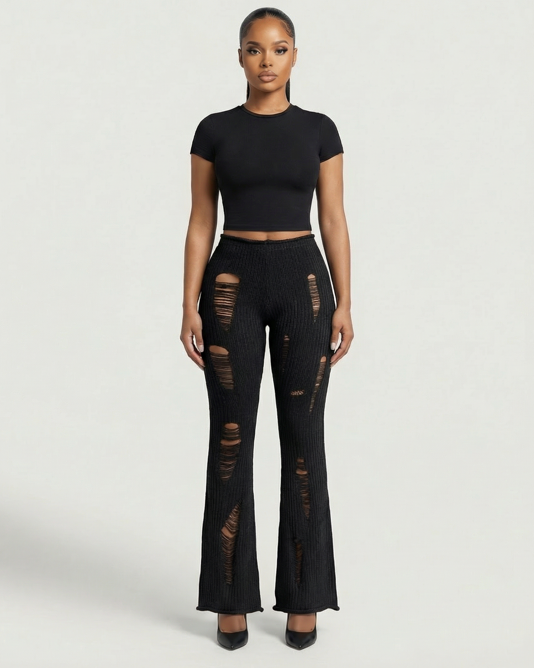 ALOMA Ripped Ribbed Knit Flared Pants