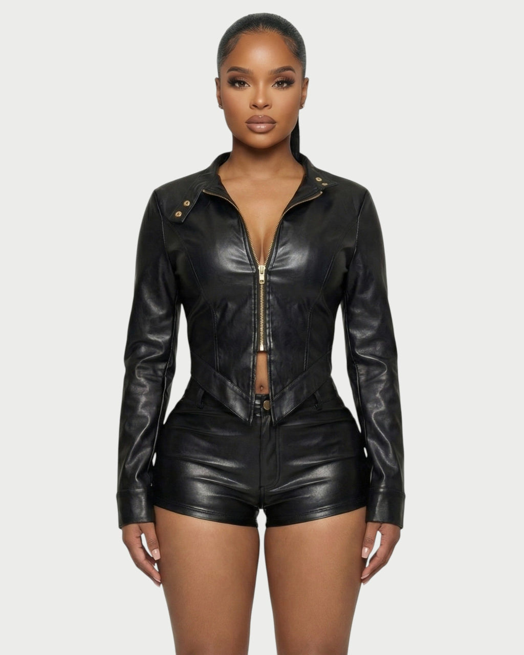 BRIXA Leather Jacket & High-Waist Shorts Set