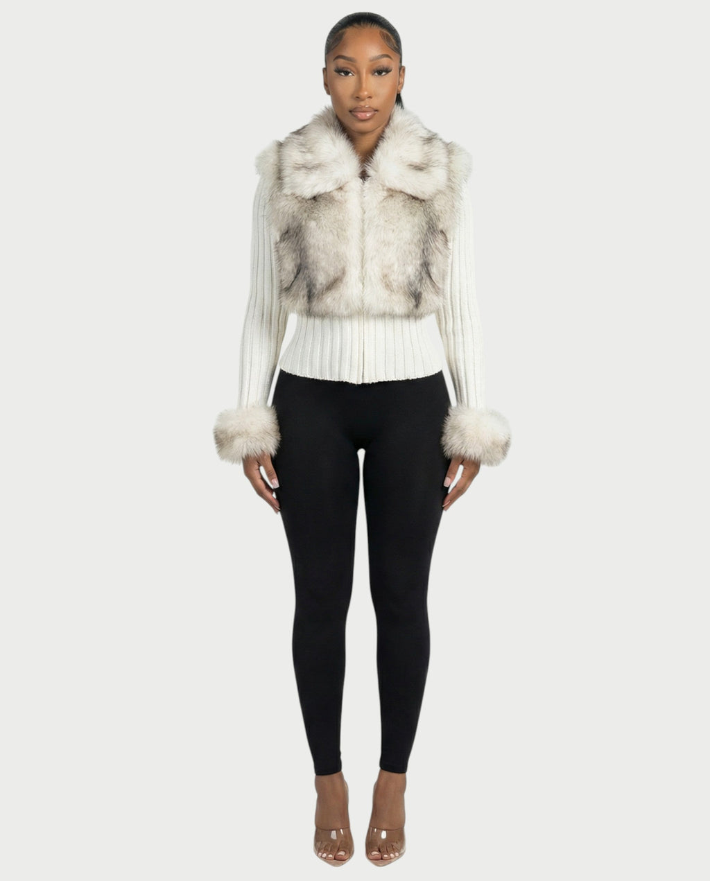 TRINAYA Faux Fur Trim Ribbed Knit Jumper