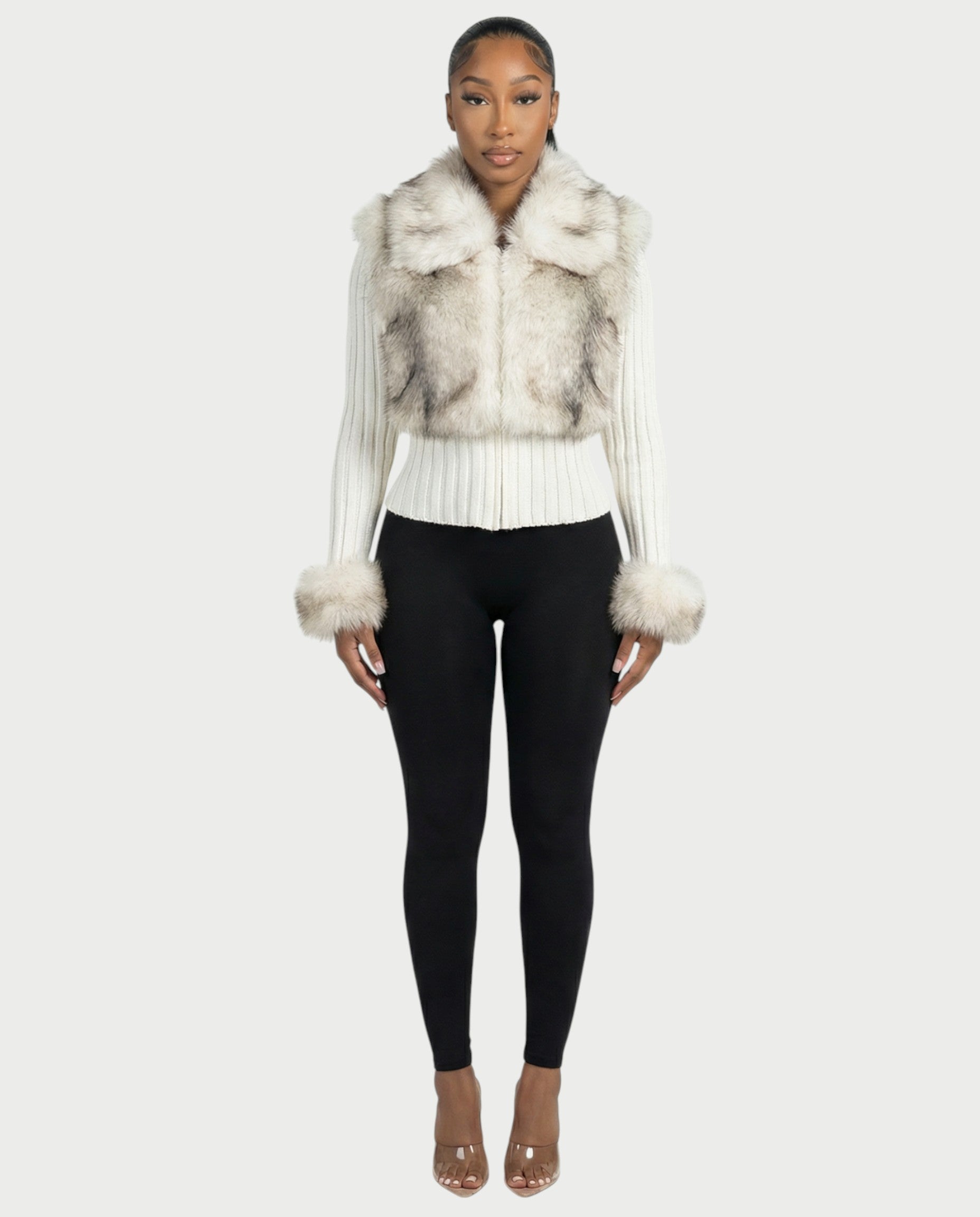 TRINAYA Faux Fur Trim Ribbed Knit Jumper